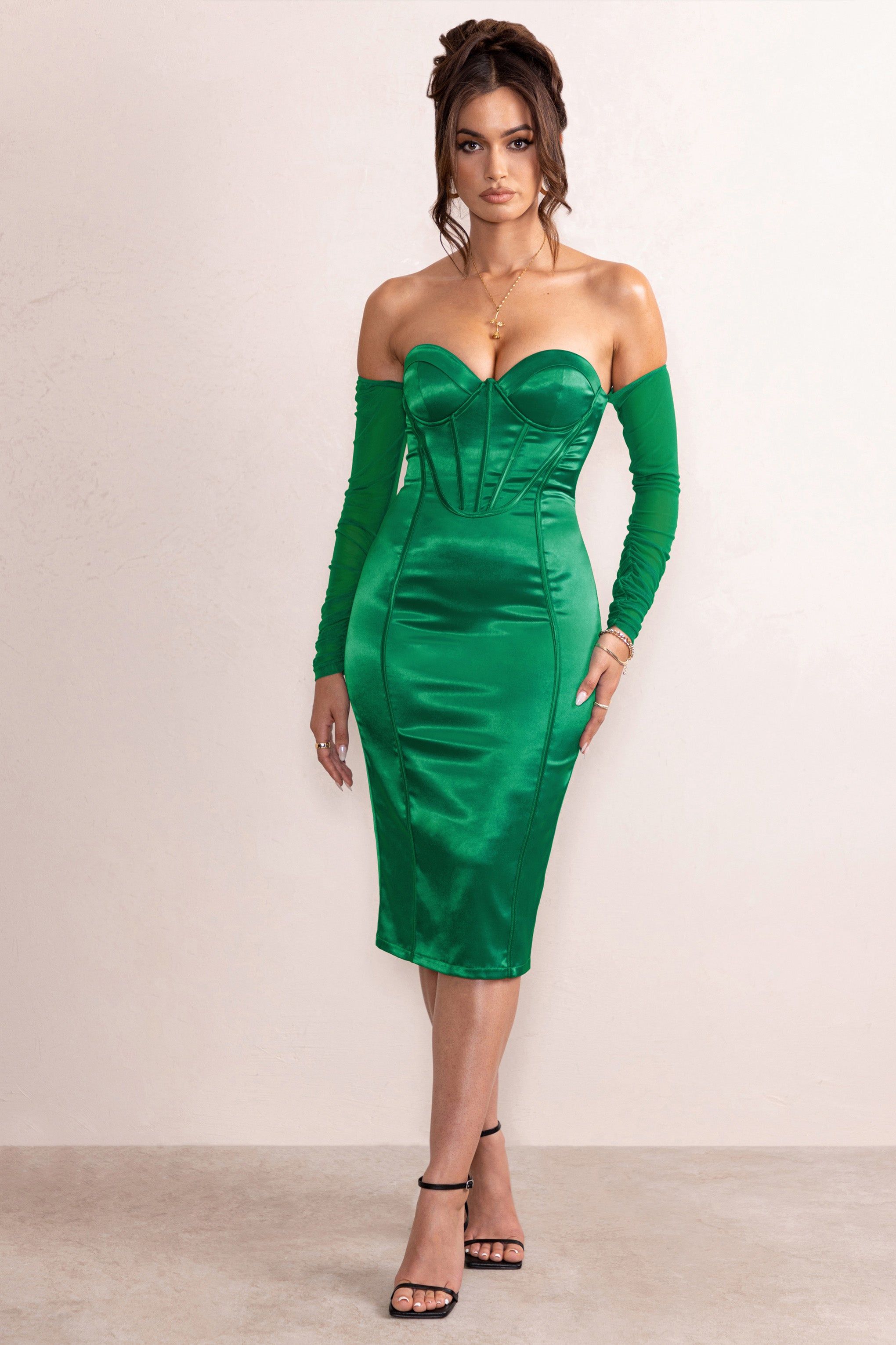 Zya | Emerald Green Satin Bardot Corset Bodice Midi Dress With Mesh Sleeves sold by Club L London product image thumbnail 4