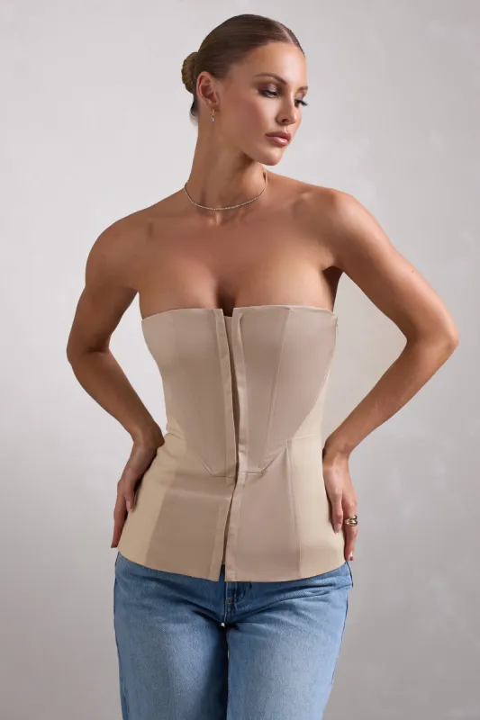 Illusive | Stone Satin-Blend Strapless Panelled Corset Top sold by Club L London