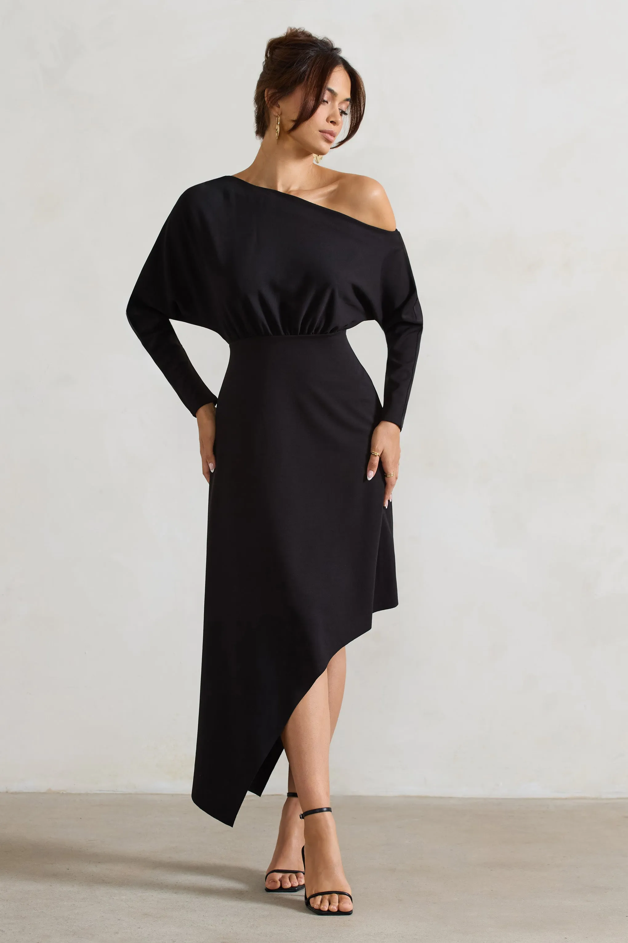 Lori | Black Asymmetric Long-Sleeve Maxi Dress sold by Club L London