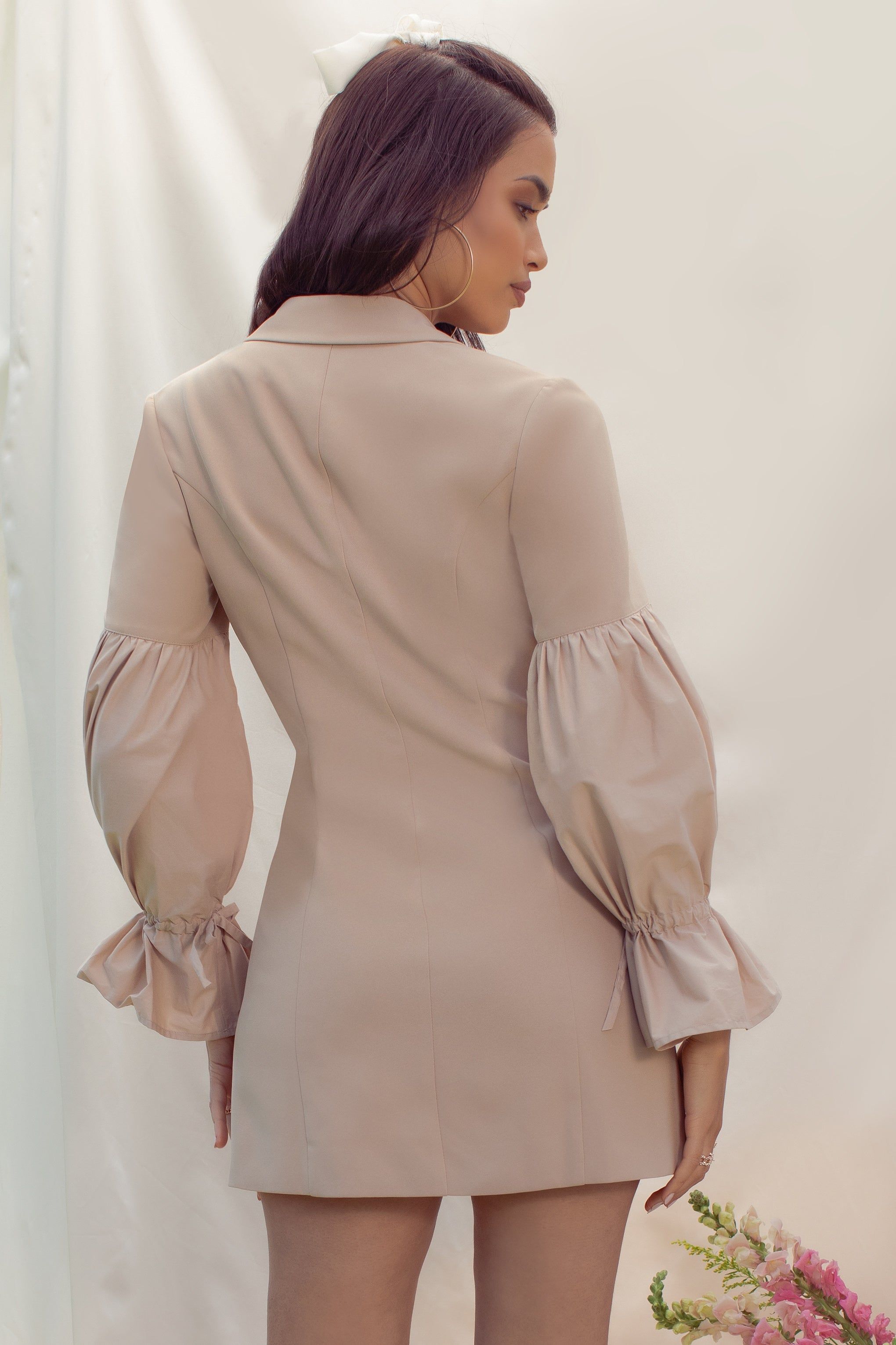 Till Dusk | Sand Blazer Mini Dress With Dramatic Puff Sleeves sold by Club L London product image thumbnail 2