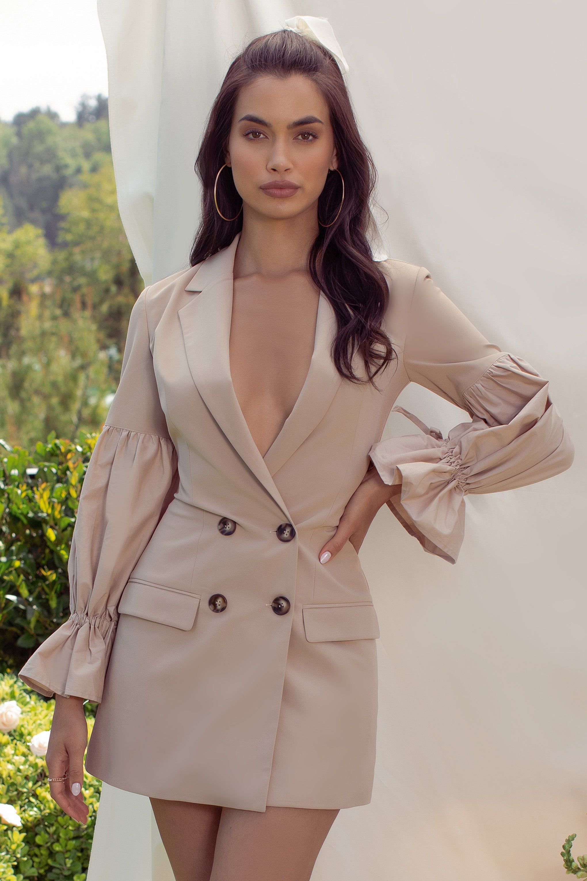 Till Dusk | Sand Blazer Mini Dress With Dramatic Puff Sleeves sold by Club L London product image thumbnail 4