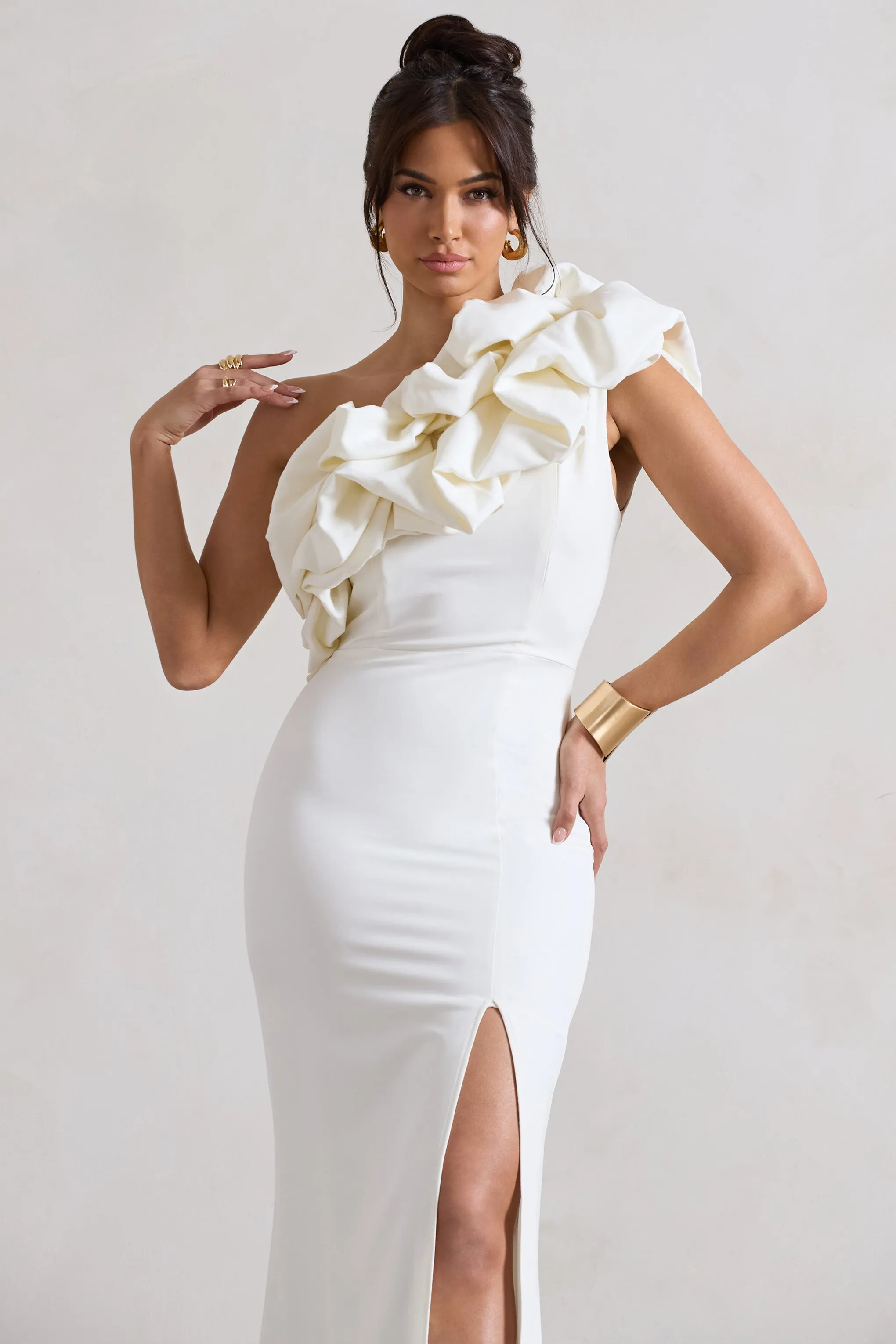 Vienne | White One Shoulder Ruffle Split Maxi Dress sold by Club L London product image thumbnail 3