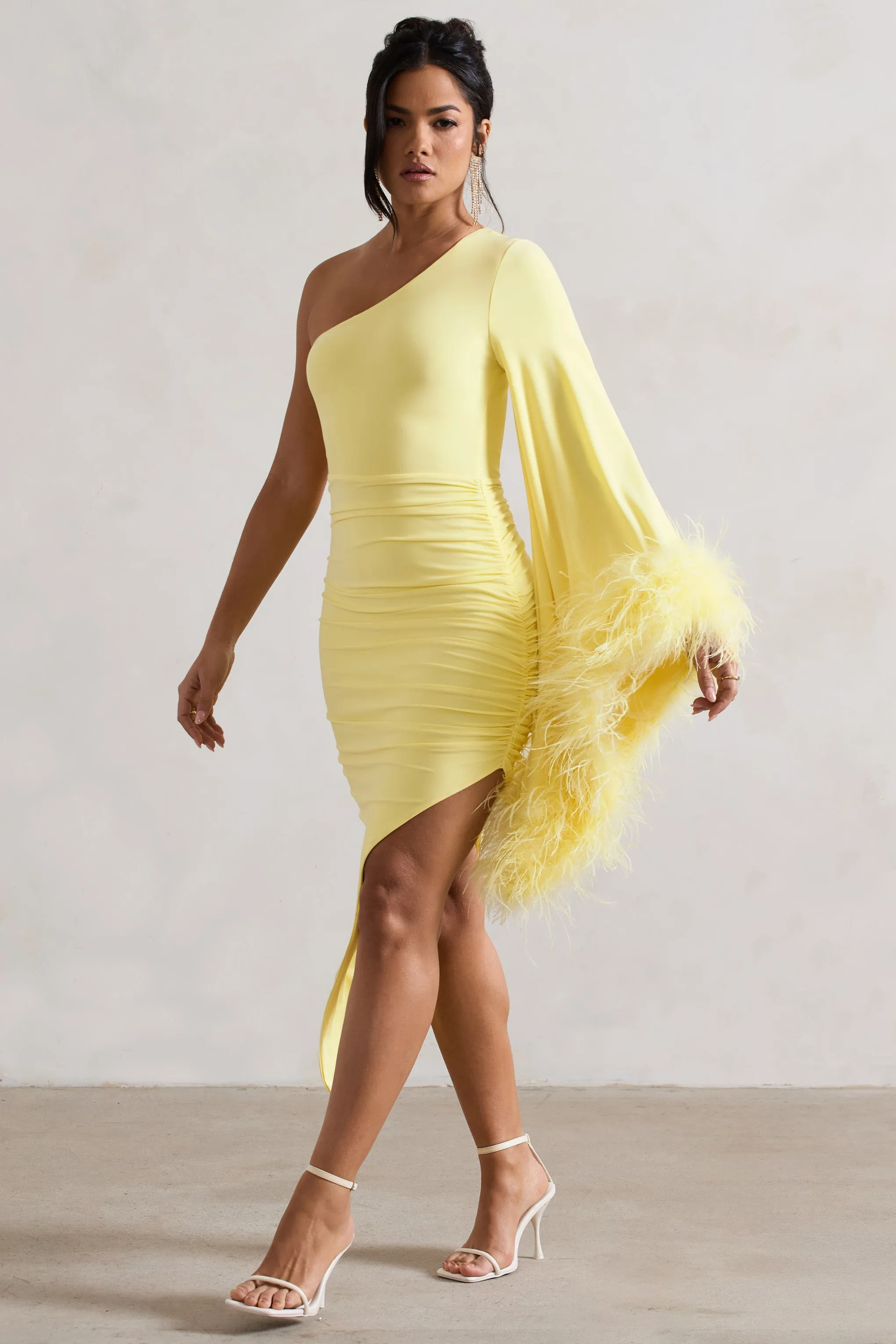 July | Lemon Asymmetric One Shoulder Cape Midi Dress With Feathers sold by Club L London product image thumbnail 4