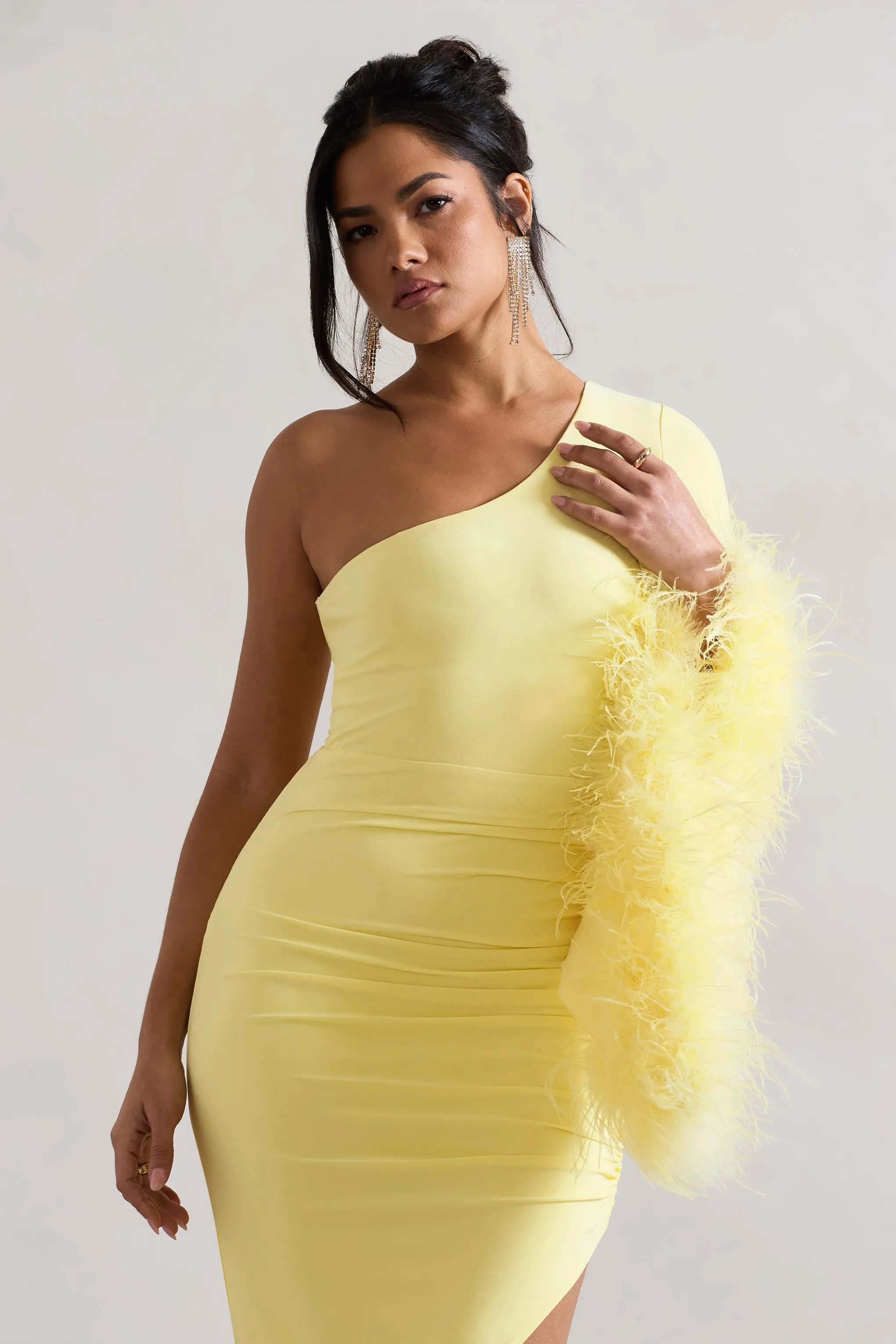 July | Lemon Asymmetric One Shoulder Cape Midi Dress With Feathers sold by Club L London product image thumbnail 3