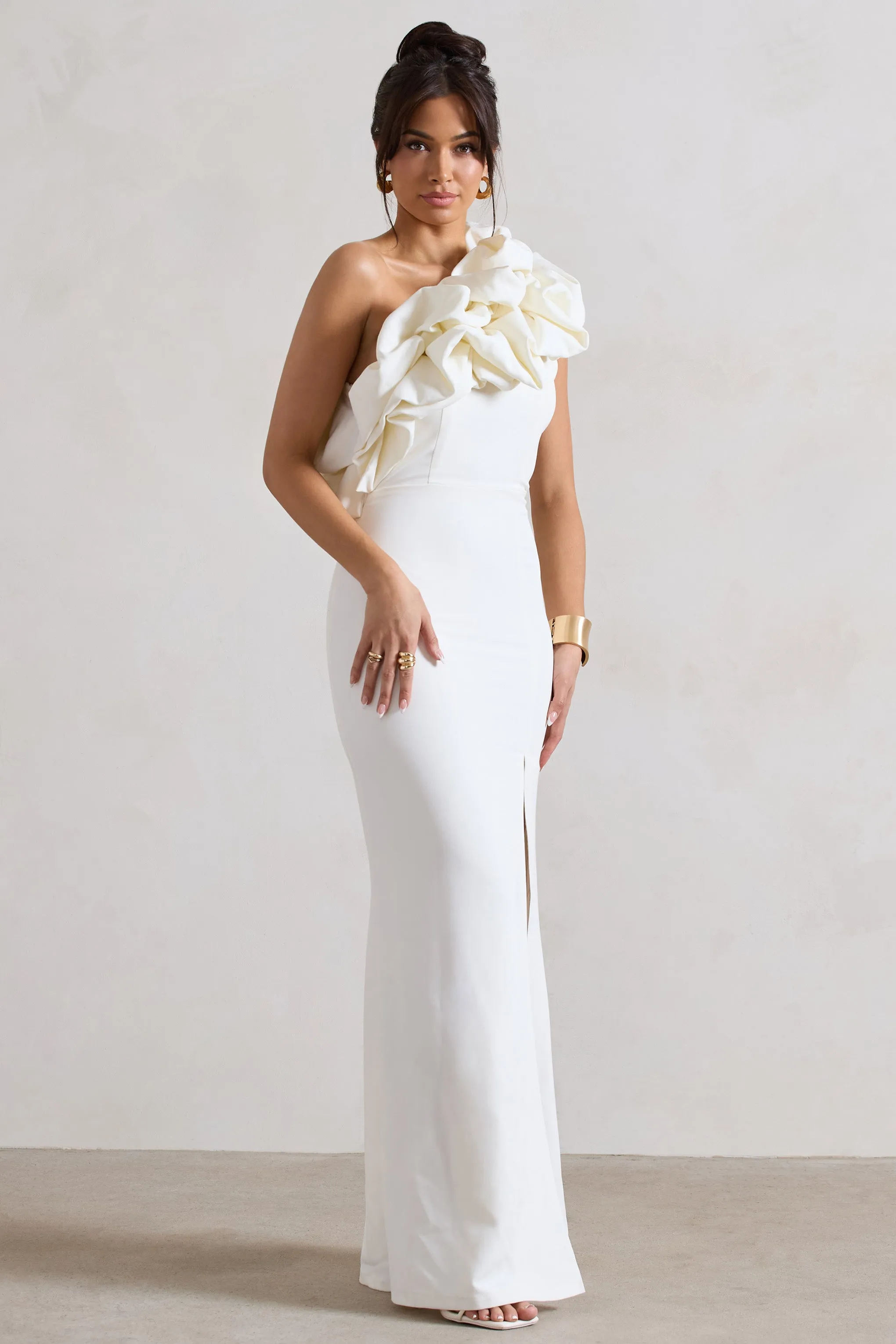 Vienne | White One Shoulder Ruffle Split Maxi Dress sold by Club L London product image thumbnail 5