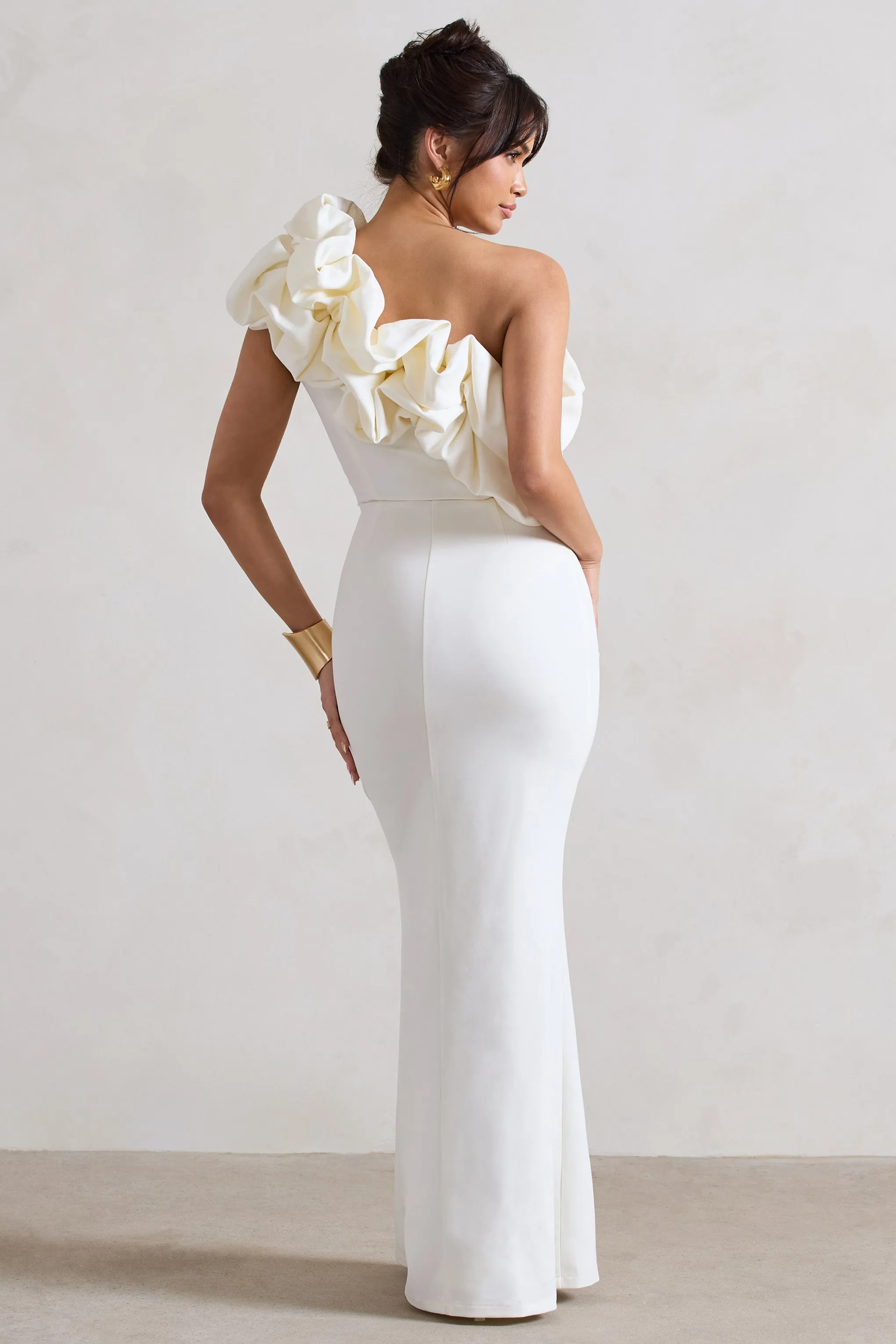 Vienne | White One Shoulder Ruffle Split Maxi Dress sold by Club L London product image thumbnail 2