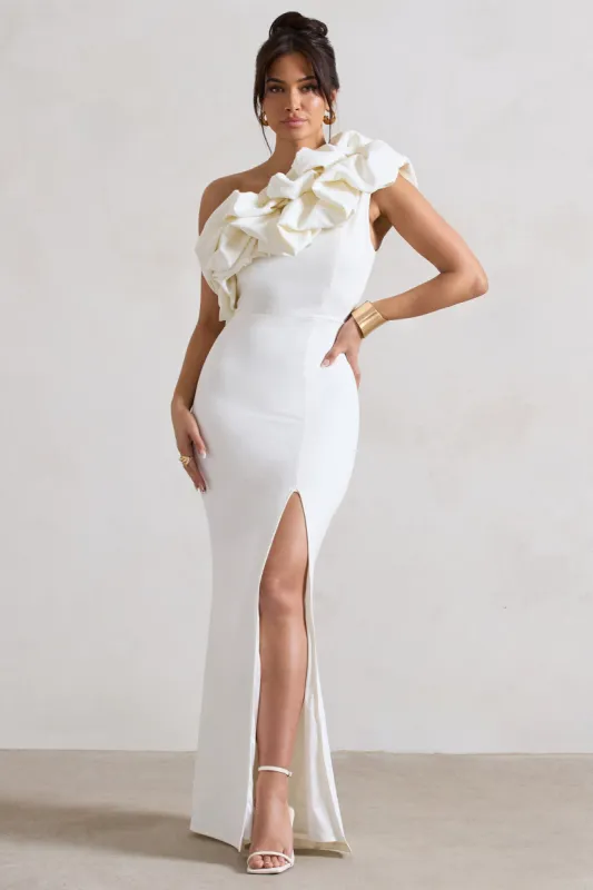 Vienne | White One Shoulder Ruffle Split Maxi Dress sold by Club L London