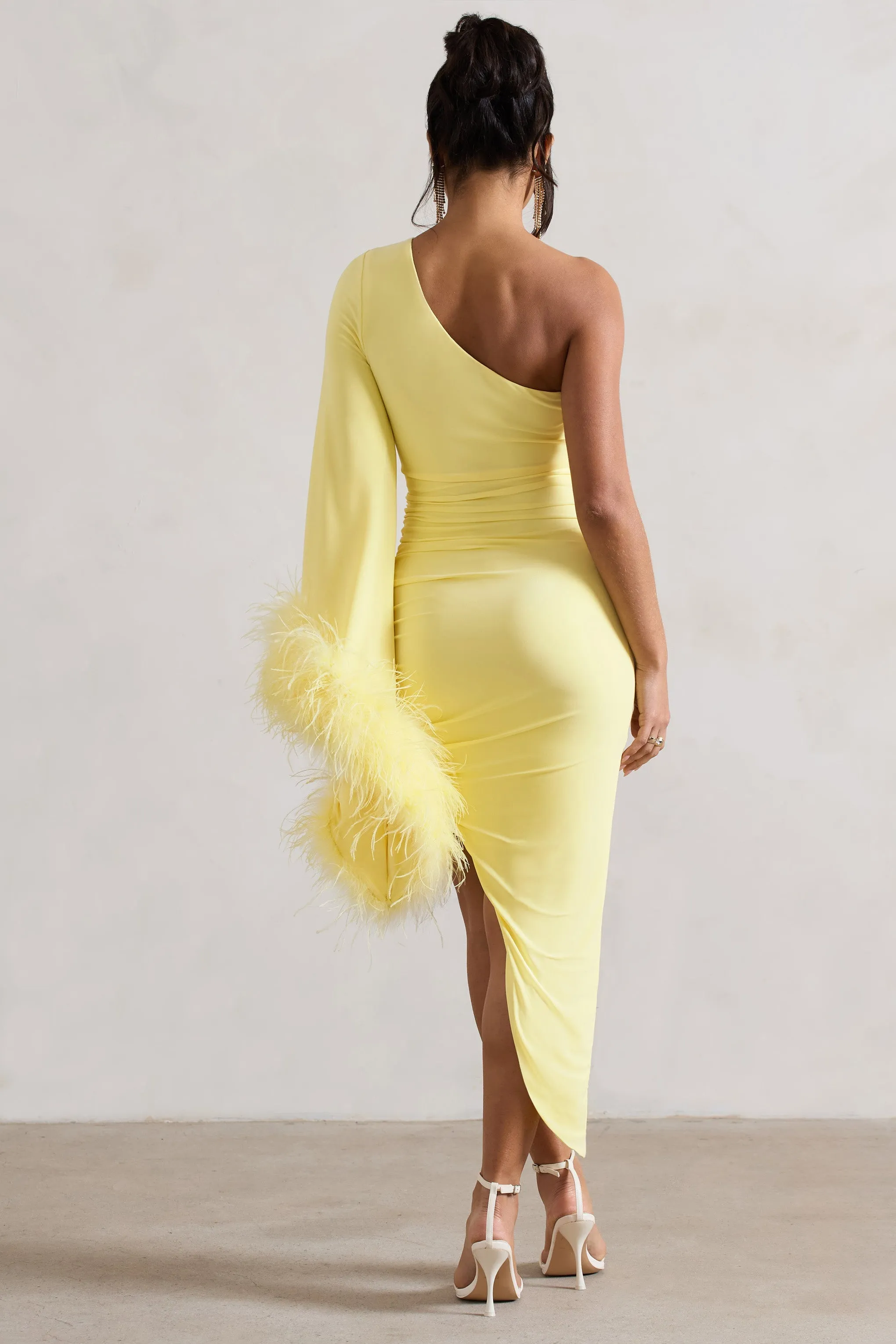 July | Lemon Asymmetric One Shoulder Cape Midi Dress With Feathers sold by Club L London product image thumbnail 2