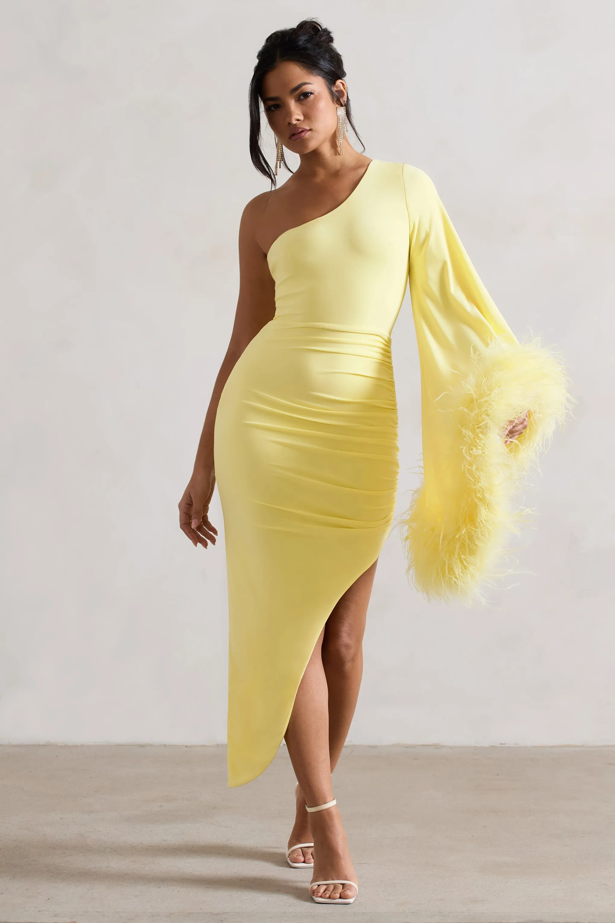 July | Lemon Asymmetric One Shoulder Cape Midi Dress With Feathers sold by Club L London