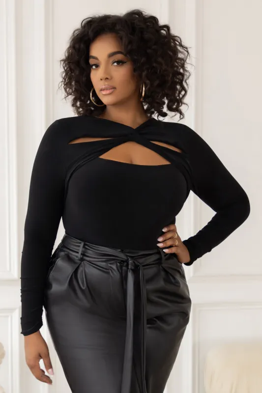 Enrapture | Plus Black Twist Front Bodysuit sold by Club L London