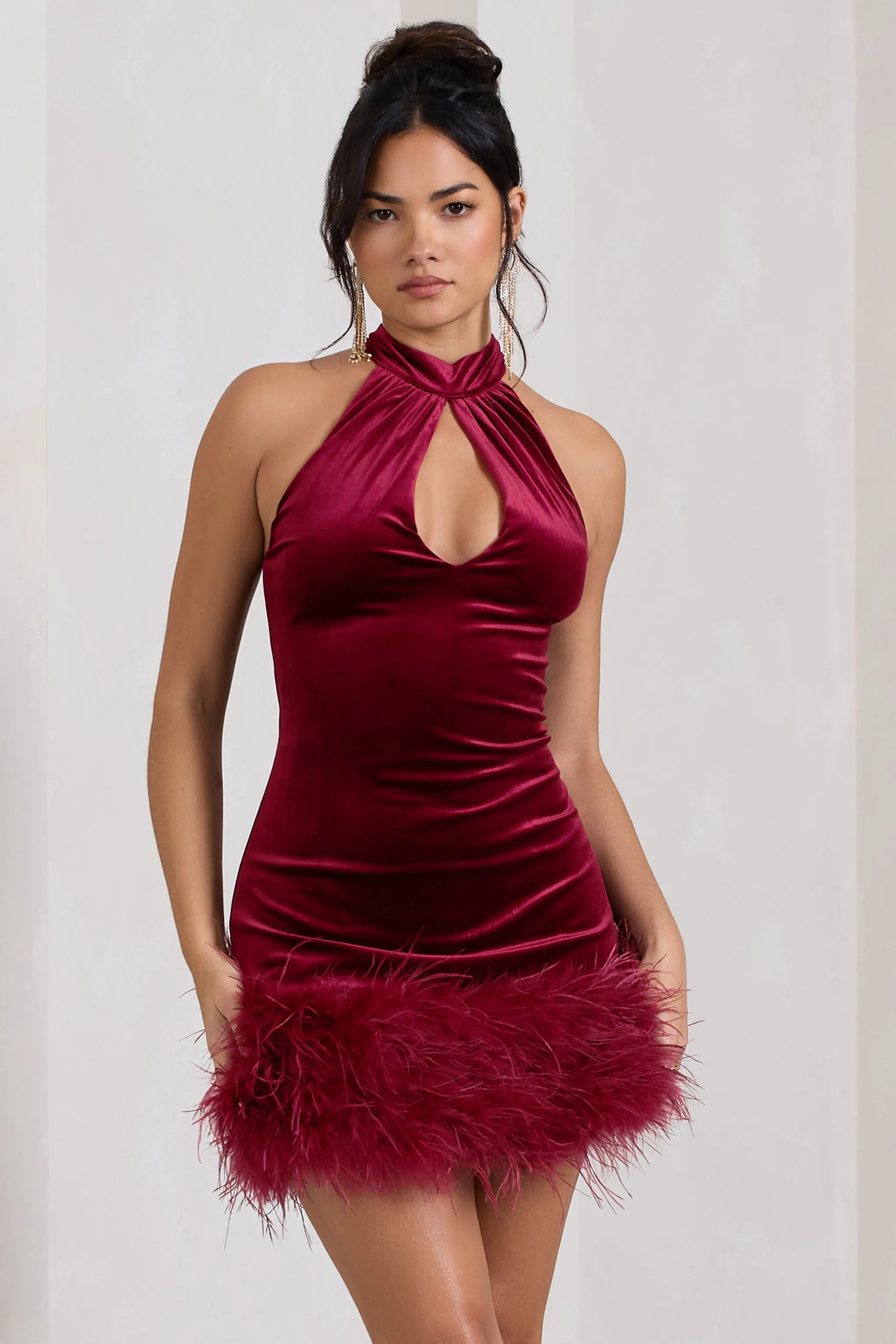 Tillie | Berry Velvet High Neck Trapeze Mini Dress With Feather Hem Detail sold by Club L London product image thumbnail 5