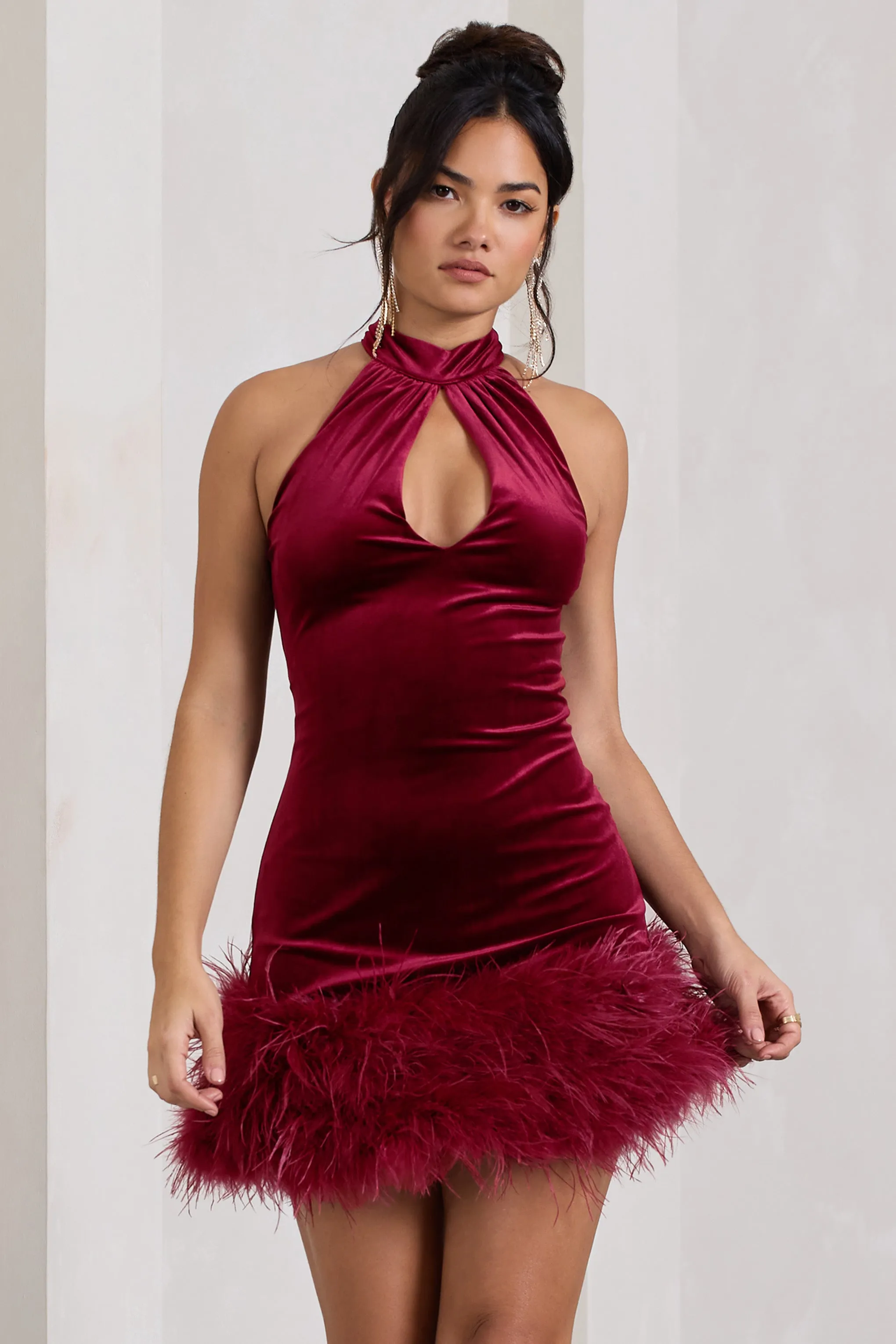 Tillie | Berry Velvet High Neck Trapeze Mini Dress With Feather Hem Detail sold by Club L London product image thumbnail 4