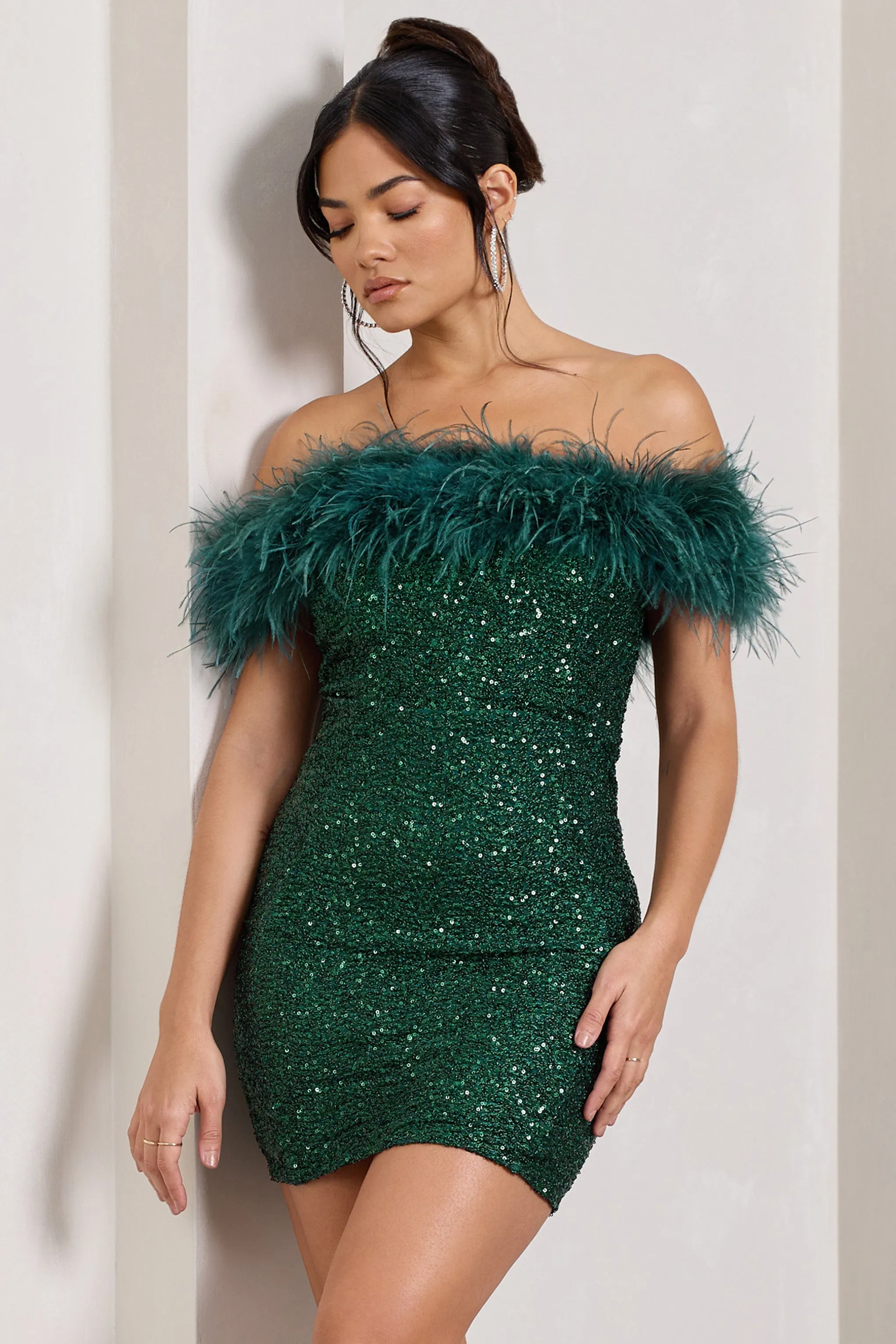 New Money | Green Bodycon Sequin Mini Dress With Feather Trim sold by Club L London product image thumbnail 4