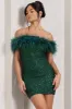 New Money | Green Bodycon Sequin Mini Dress With Feather Trim sold by Club L London