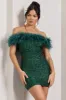 New Money | Green Bodycon Sequin Mini Dress With Feather Trim sold by Club L London