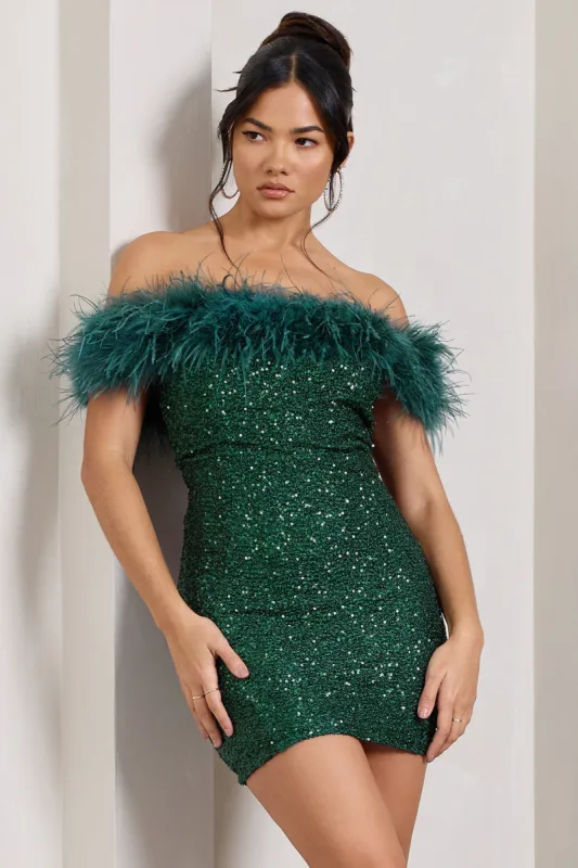 New Money | Green Bodycon Sequin Mini Dress With Feather Trim sold by Club L London