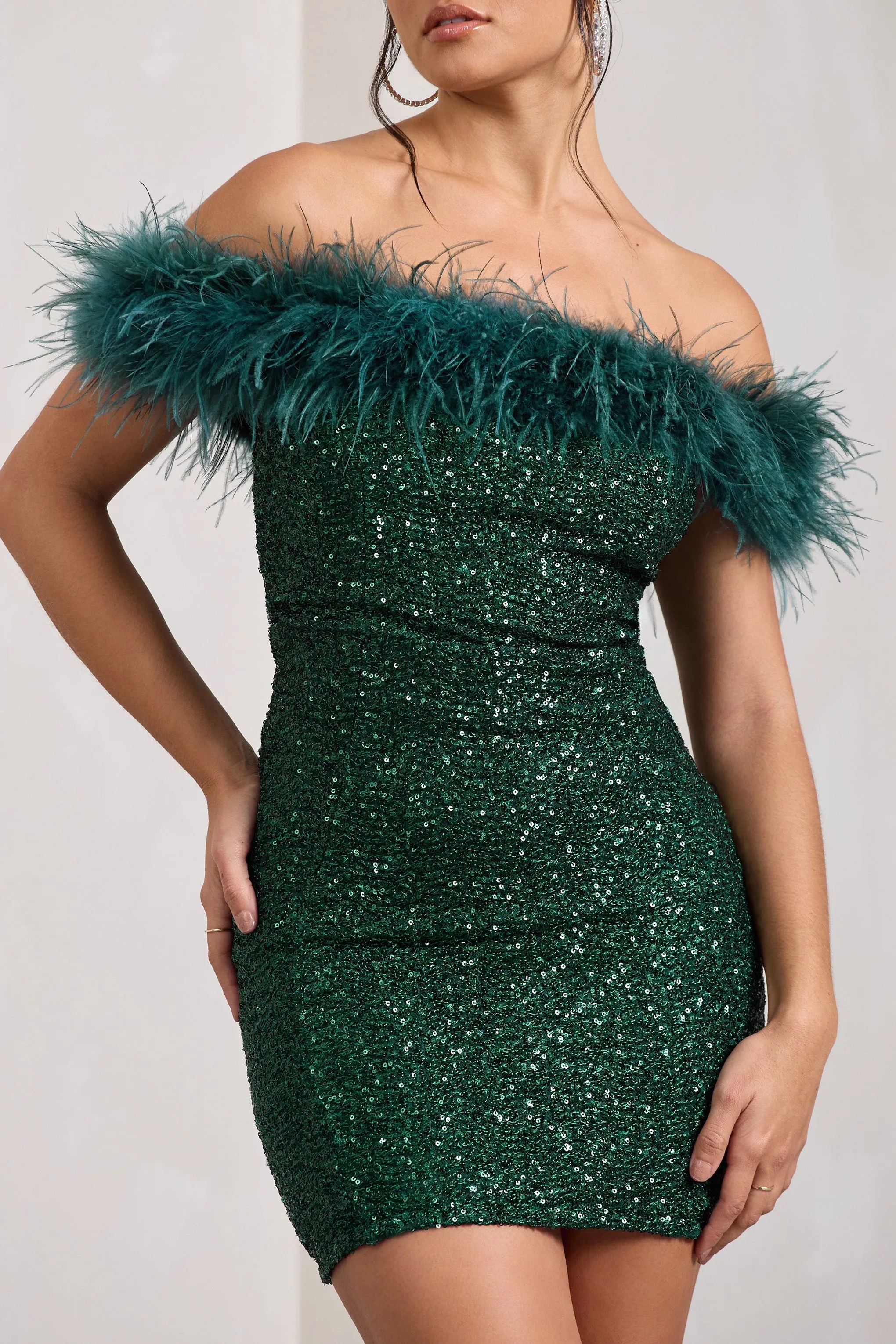 New Money | Green Bodycon Sequin Mini Dress With Feather Trim sold by Club L London product image thumbnail 2