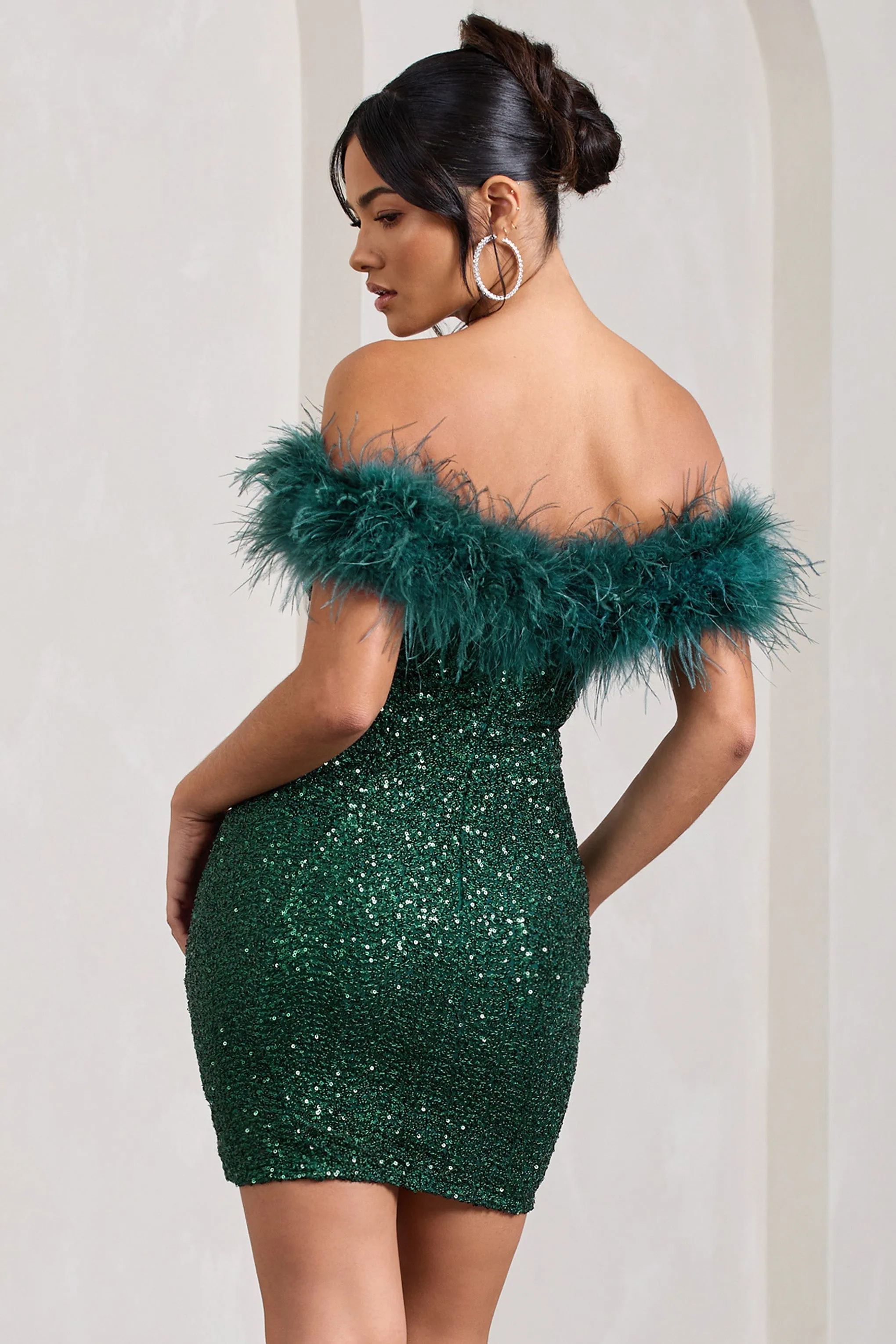 New Money | Green Bodycon Sequin Mini Dress With Feather Trim sold by Club L London product image thumbnail 3