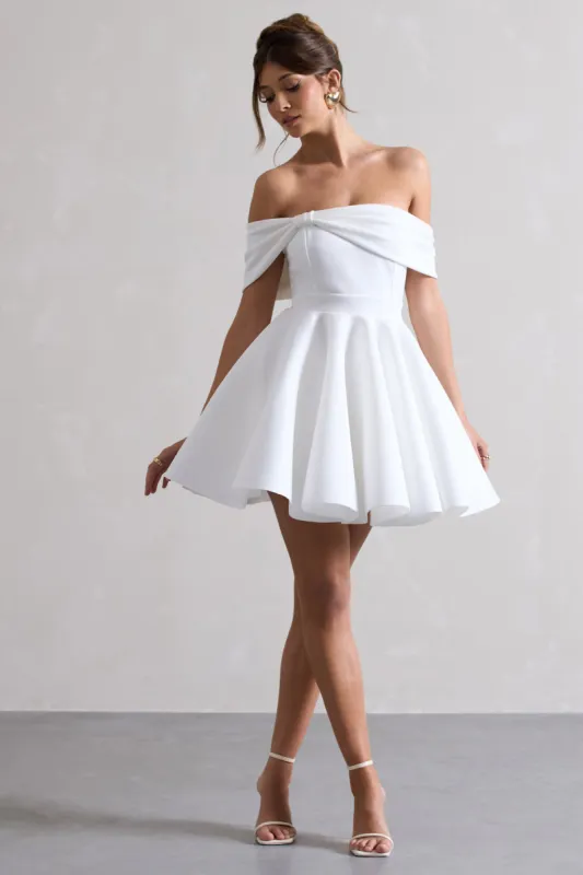 Snowfall | White Bardot Bow Skater Mini Dress sold by Club L London