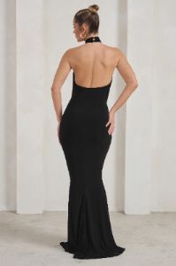Forever Dreaming | Black Backless Halter Neck Ruched Split Maxi Dress sold by Club L London