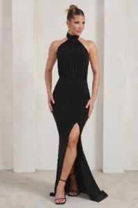 Forever Dreaming | Black Backless Halter Neck Ruched Split Maxi Dress sold by Club L London