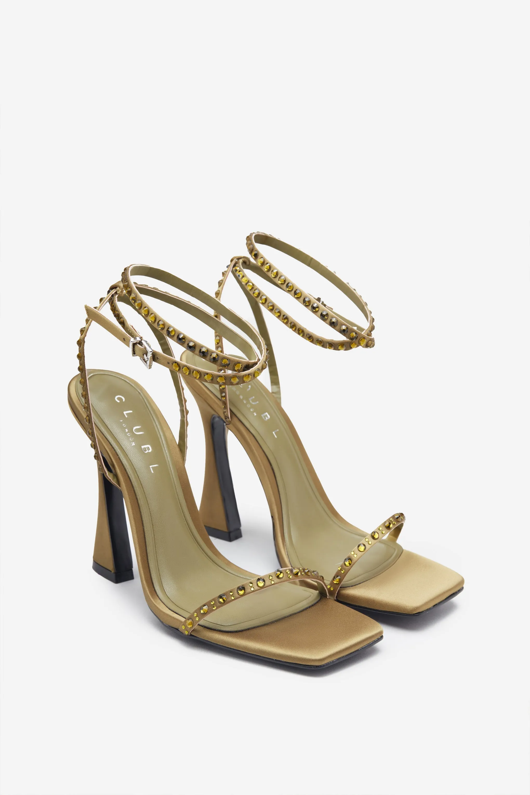 Nostalgia | Olive Green Satin Heeled Sandals With Diamante Straps sold by Club L London product image thumbnail 2