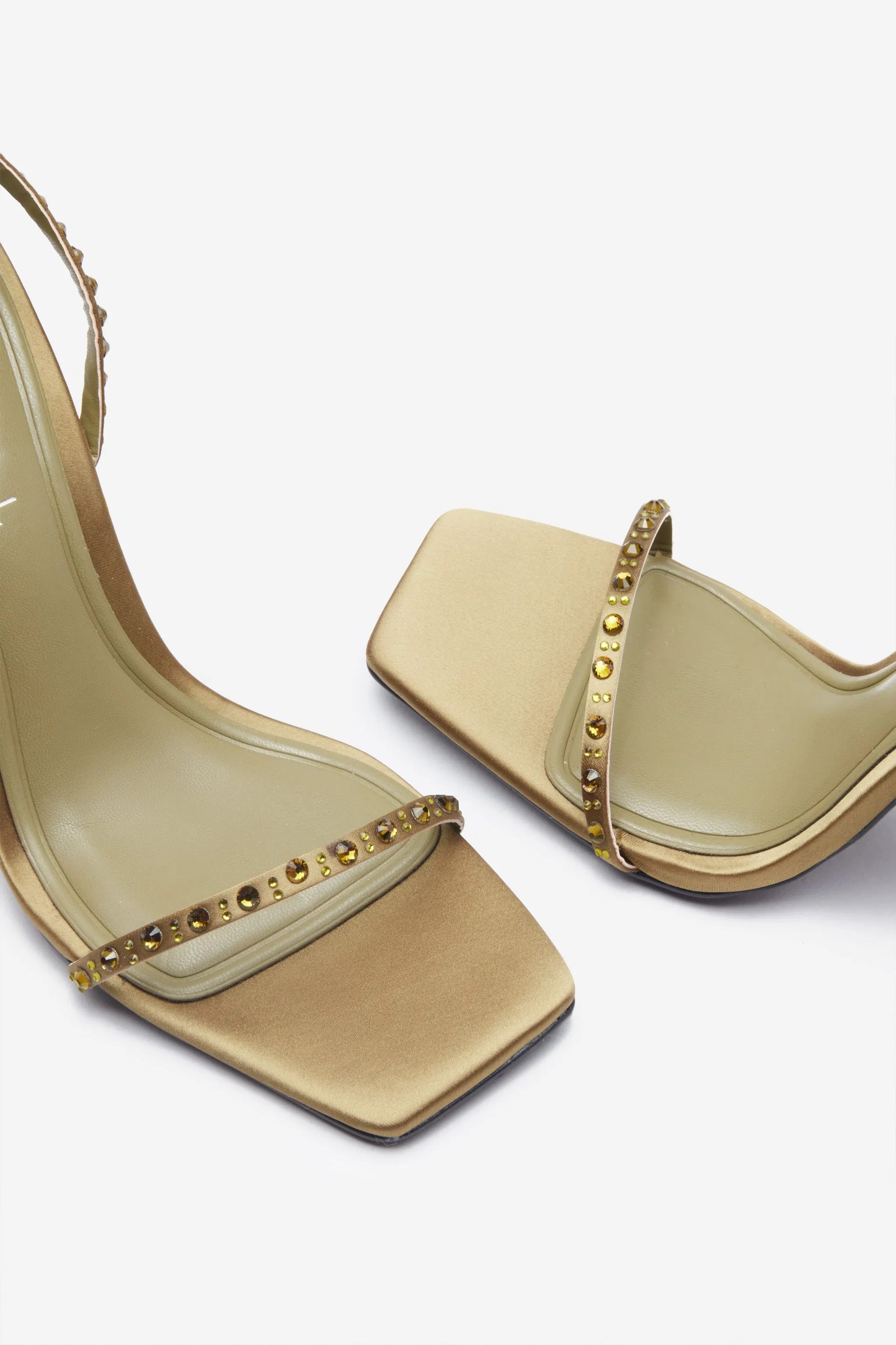 Nostalgia | Olive Green Satin Heeled Sandals With Diamante Straps sold by Club L London product image thumbnail 4