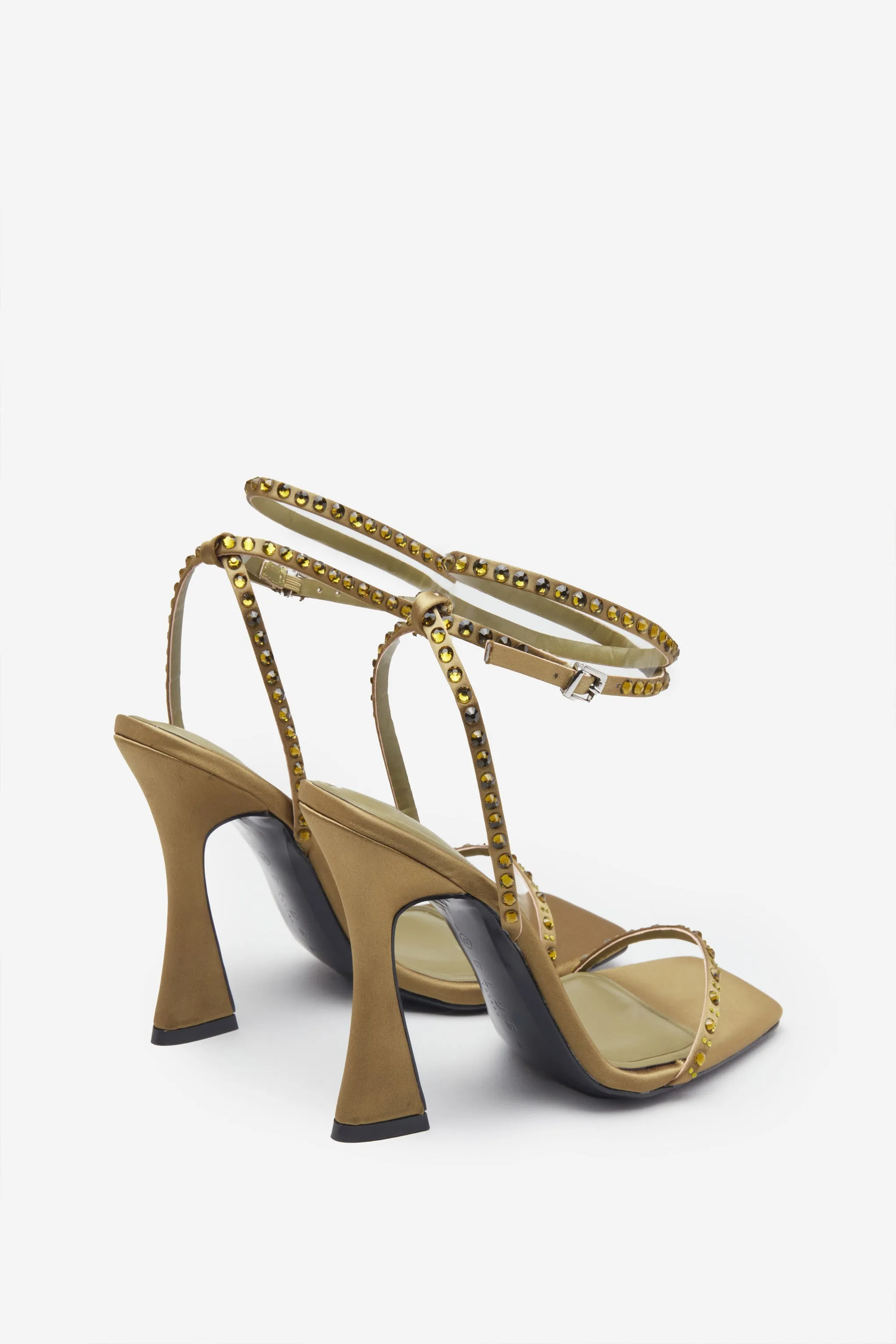 Nostalgia | Olive Green Satin Heeled Sandals With Diamante Straps sold by Club L London product image thumbnail 3