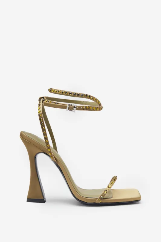 Nostalgia | Olive Green Satin Heeled Sandals With Diamante Straps sold by Club L London