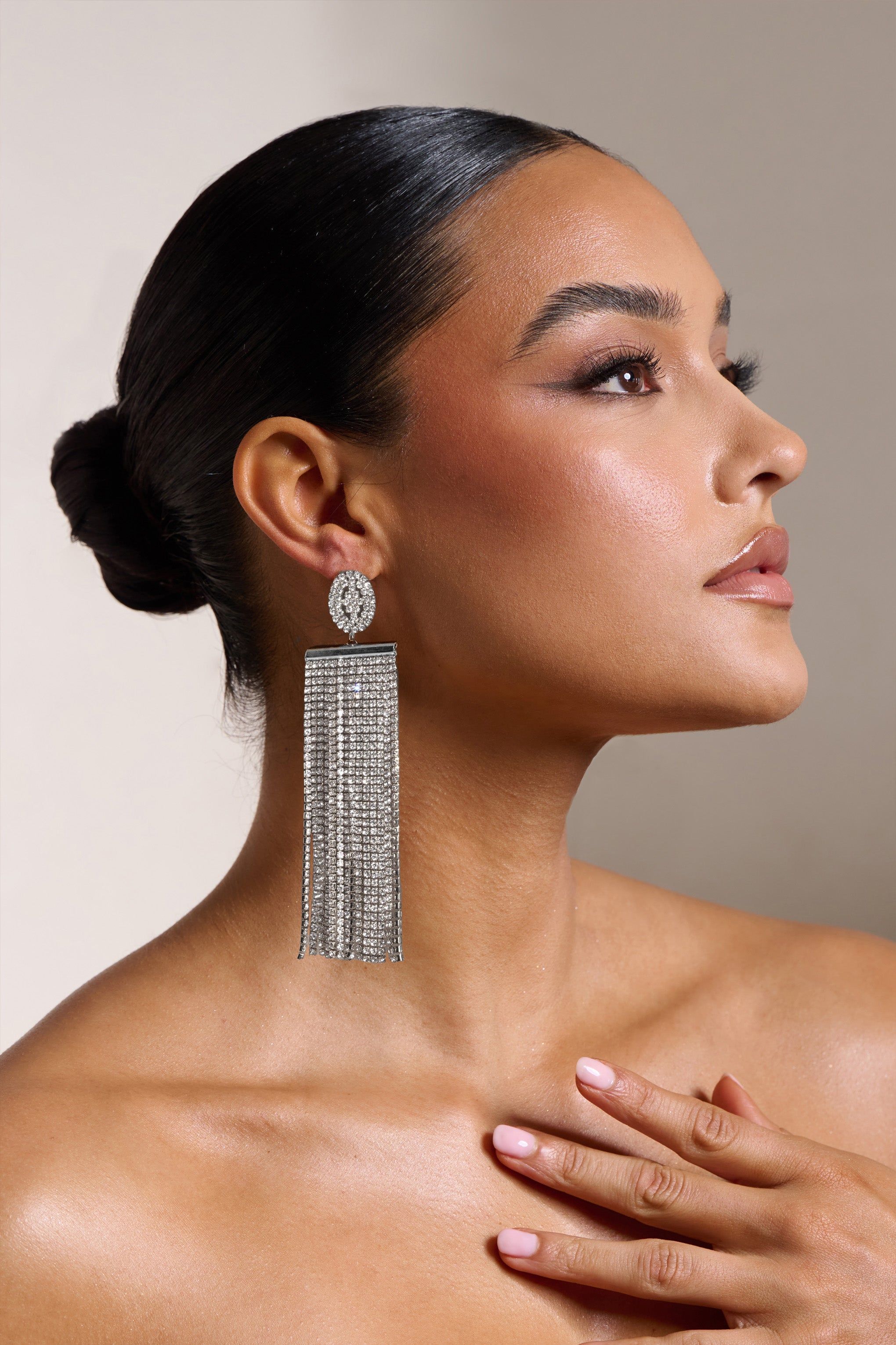 Diletta | Silver Rhinestone Tassel Drop Earrings sold by Club L London