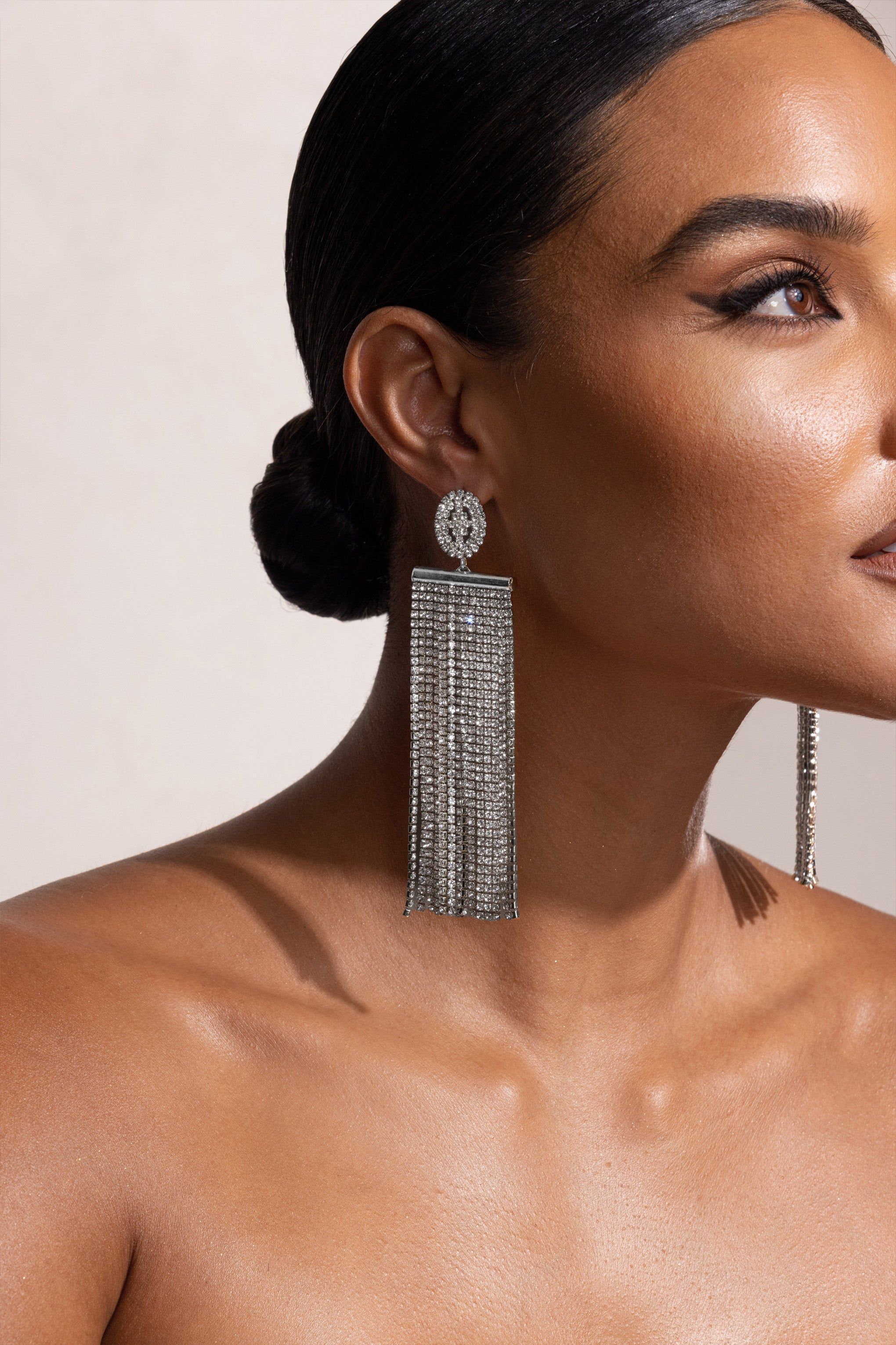 Diletta | Silver Rhinestone Tassel Drop Earrings sold by Club L London product image thumbnail 2