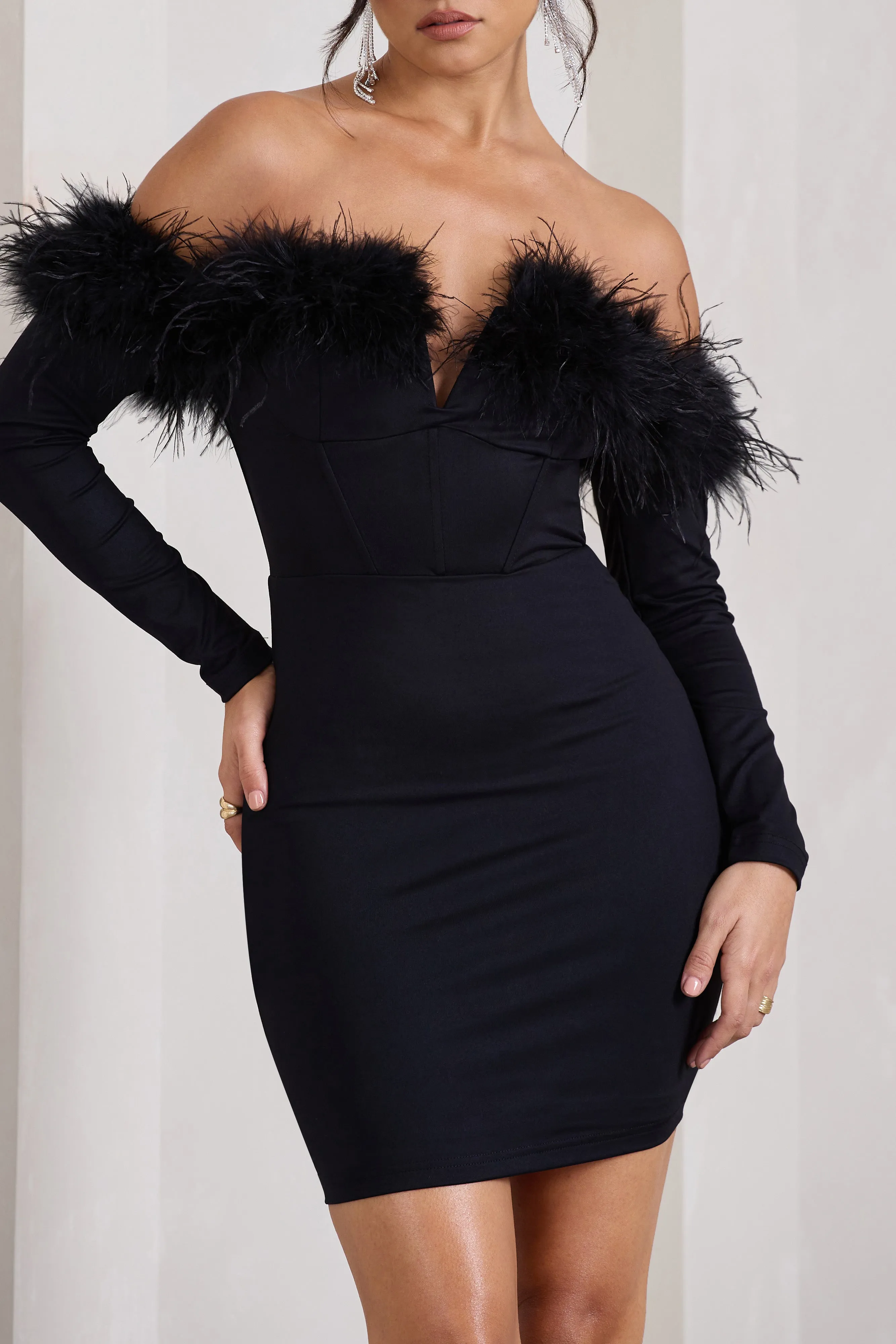 Celia | Black Plunge Neck Bardot Mini Dress With Feather Trim Detail sold by Club L London product image thumbnail 3