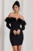 Celia | Black Plunge Neck Bardot Mini Dress With Feather Trim Detail sold by Club L London