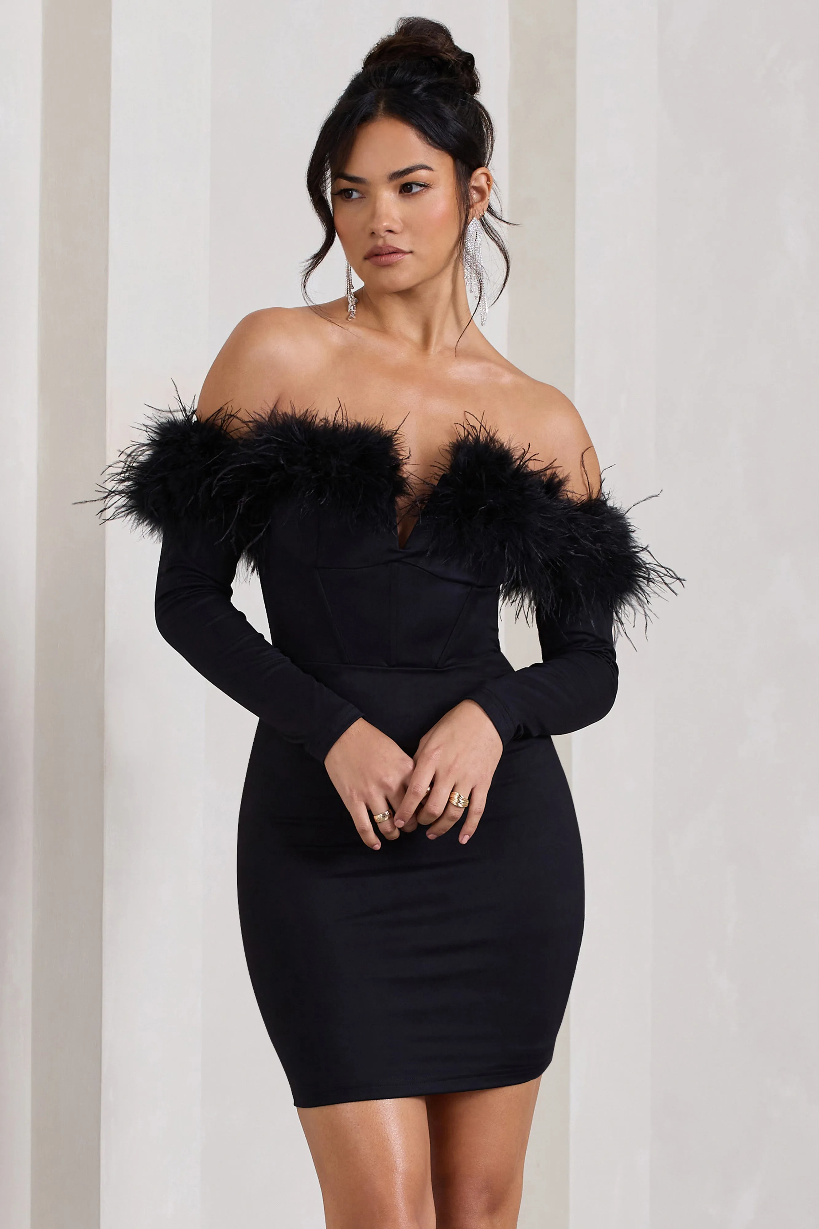Celia | Black Plunge Neck Bardot Mini Dress With Feather Trim Detail sold by Club L London product image thumbnail 5