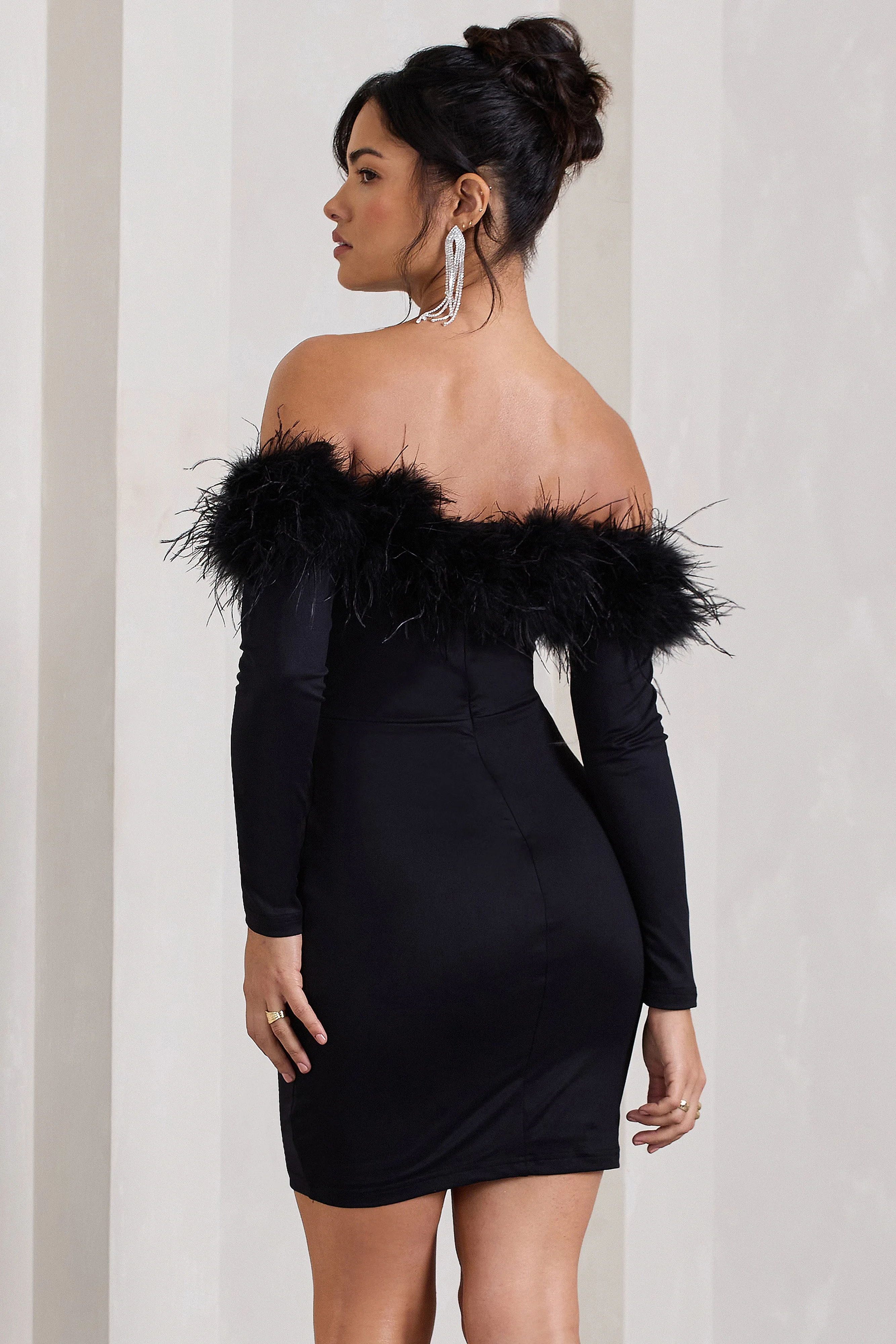 Celia | Black Plunge Neck Bardot Mini Dress With Feather Trim Detail sold by Club L London product image thumbnail 2