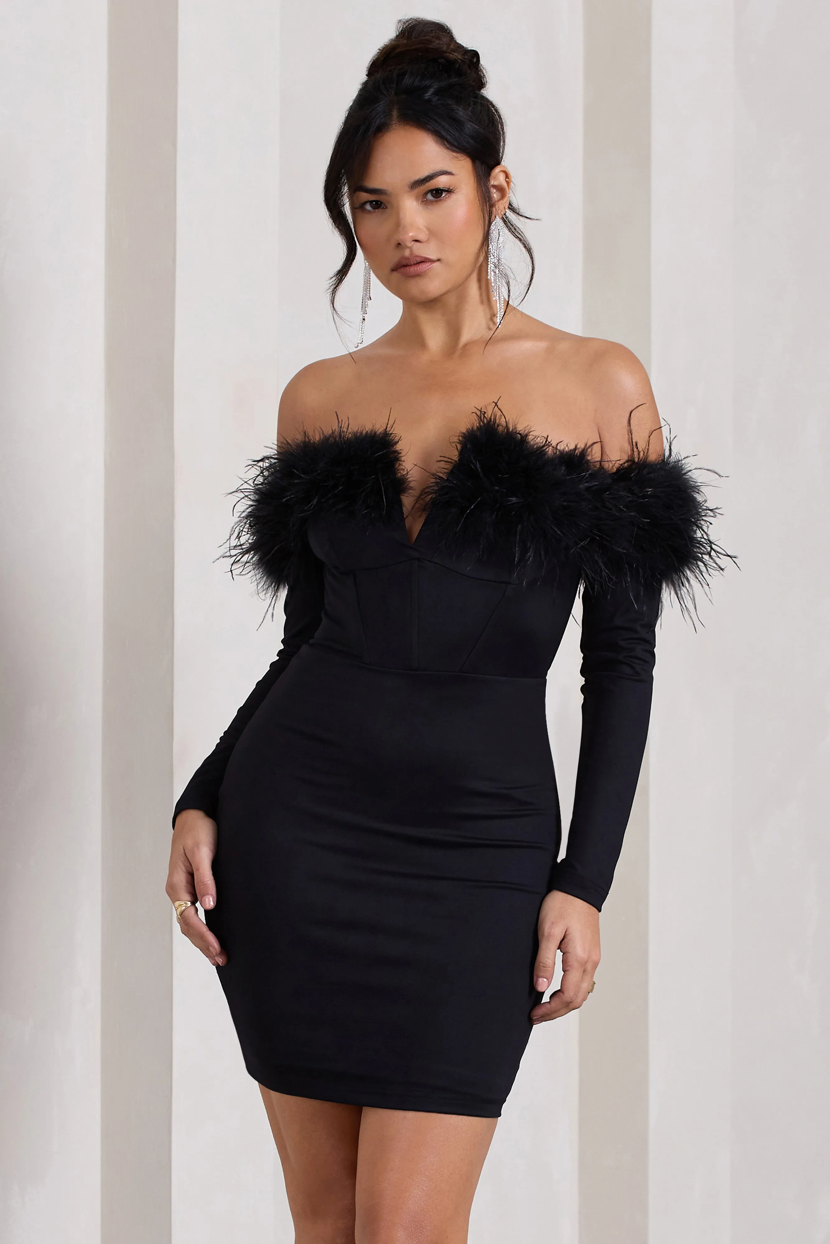 Celia | Black Plunge Neck Bardot Mini Dress With Feather Trim Detail sold by Club L London product image thumbnail 4