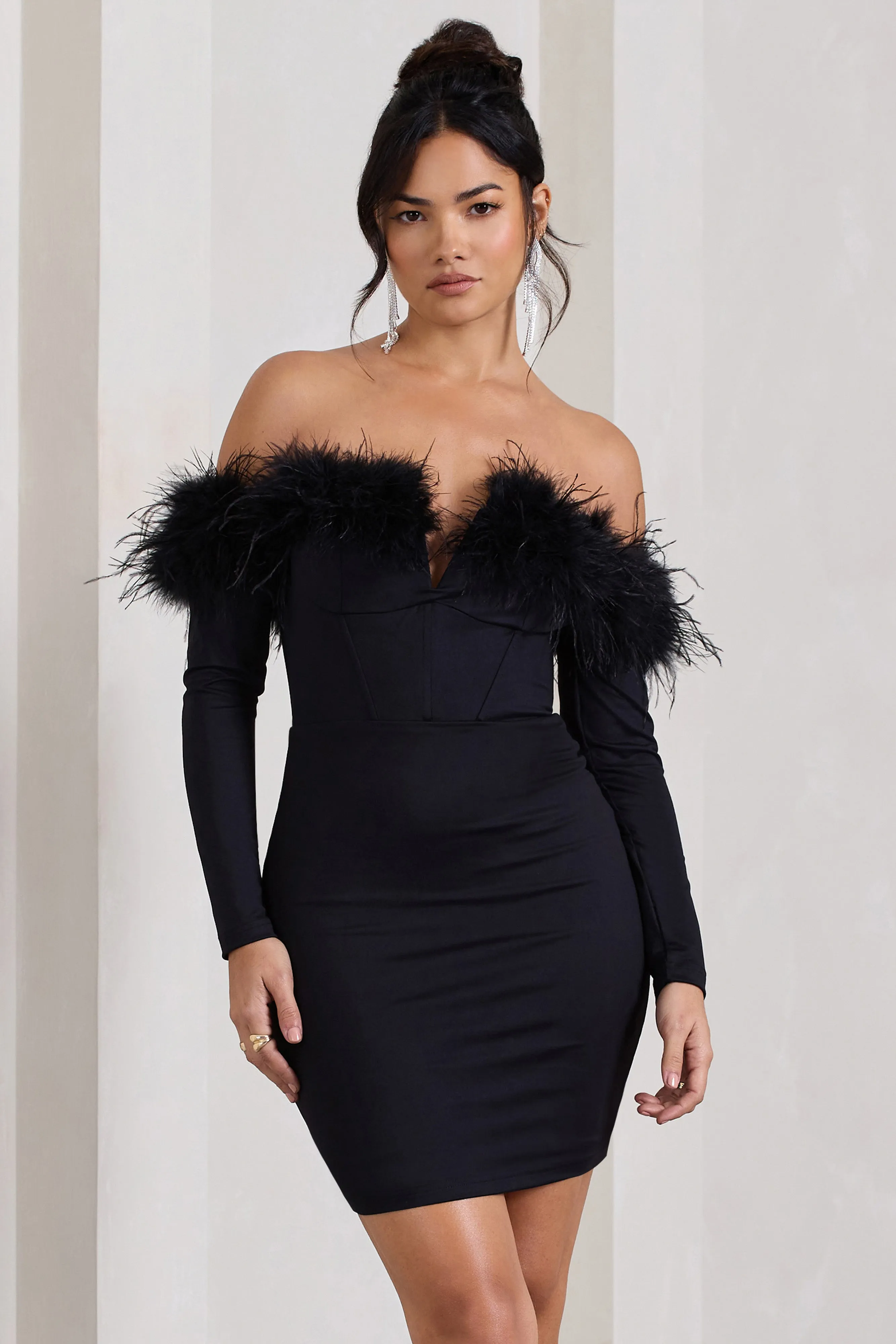 Celia | Black Plunge Neck Bardot Mini Dress With Feather Trim Detail sold by Club L London