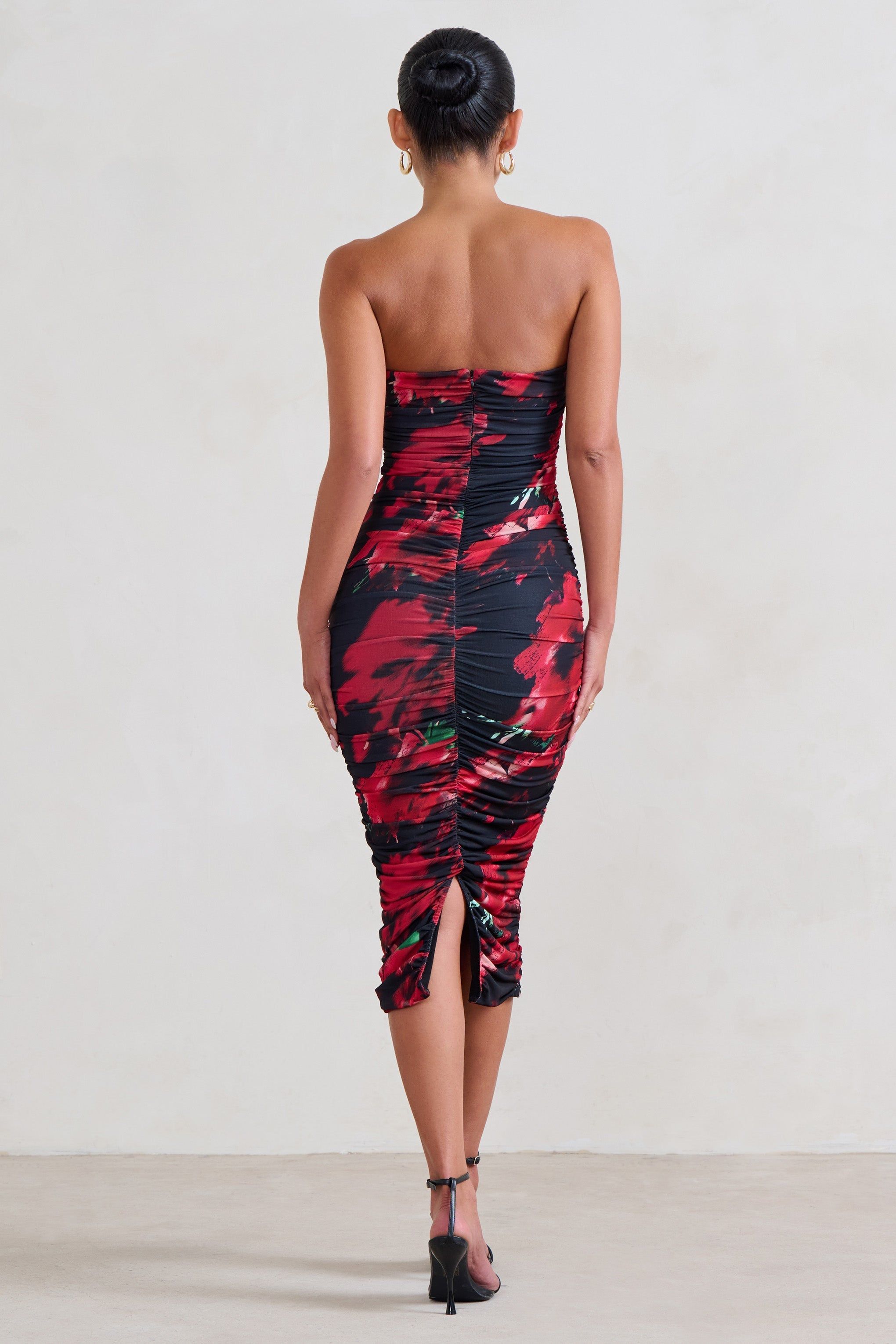 My Girl | Black & Red Floral Print Bandeau Bodycon Ruched Mesh Midi Dress sold by Club L London product image thumbnail 2