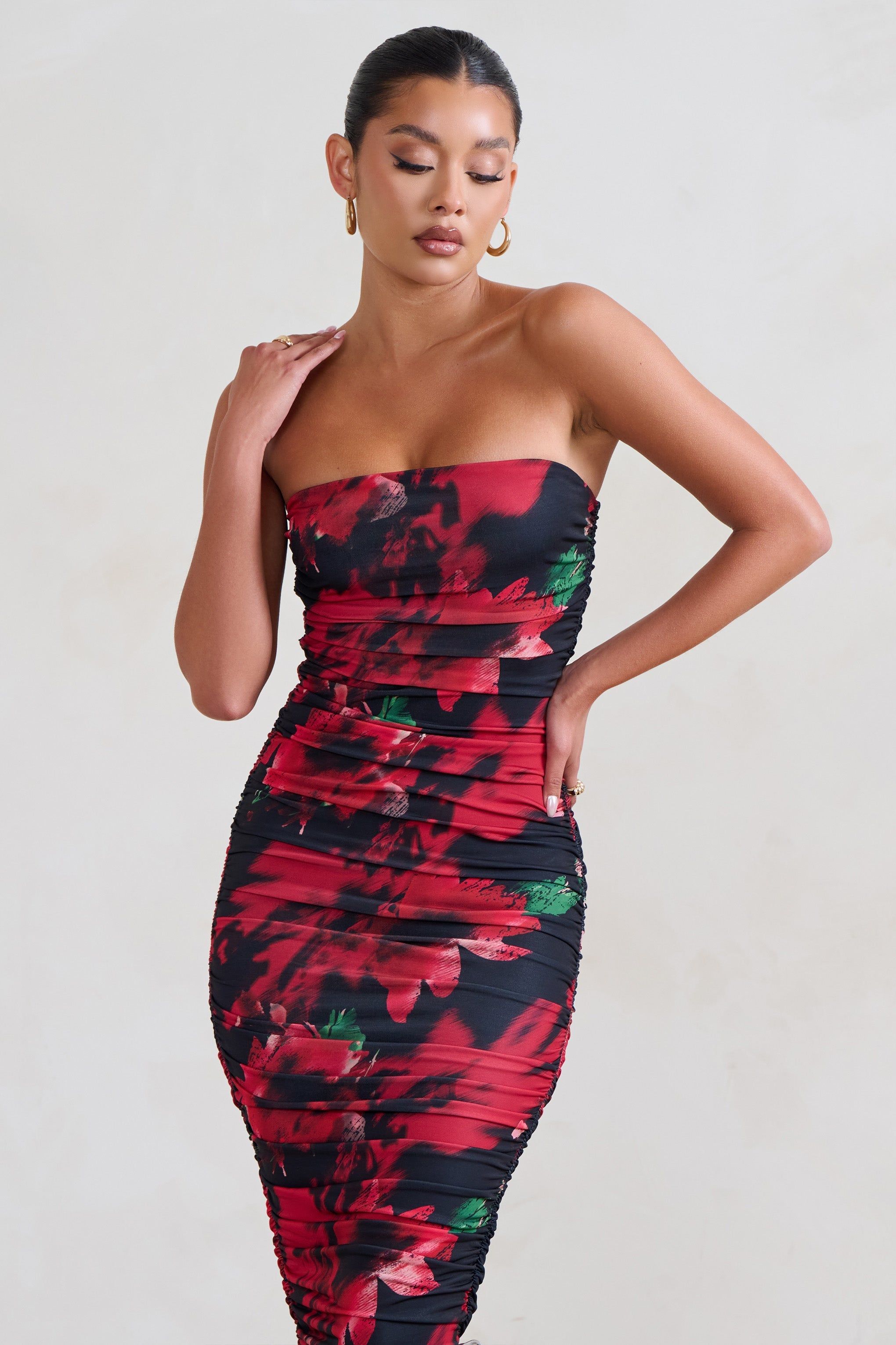 My Girl | Black & Red Floral Print Bandeau Bodycon Ruched Mesh Midi Dress sold by Club L London product image thumbnail 3