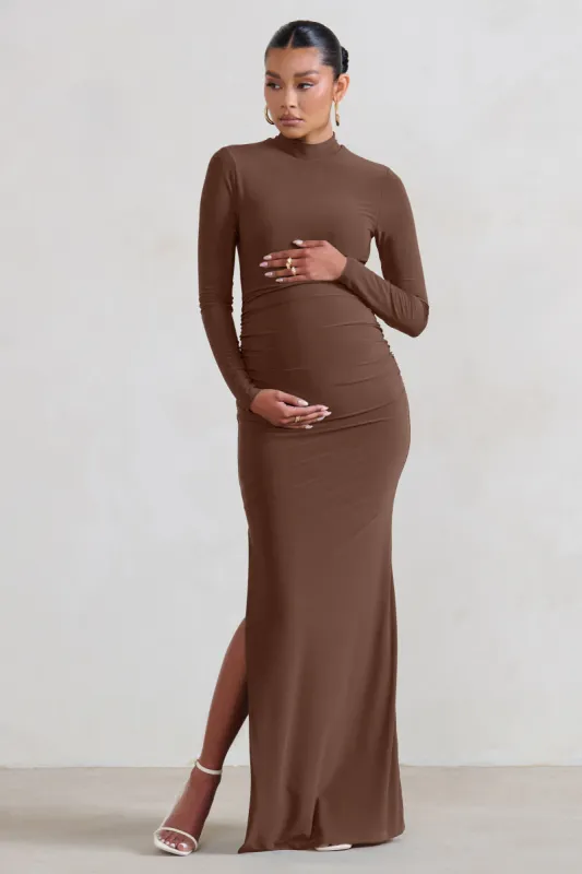 Alejandra | Brown Maternity Long Sleeve High Neck Maxi Dress sold by Club L London