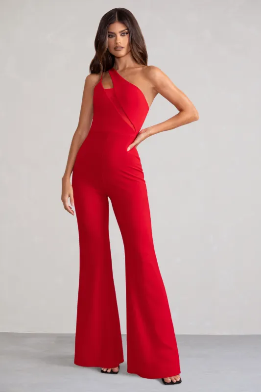 Bold Confidence | Red One Shoulder Cut Out Flare Jumpsuit sold by Club L London