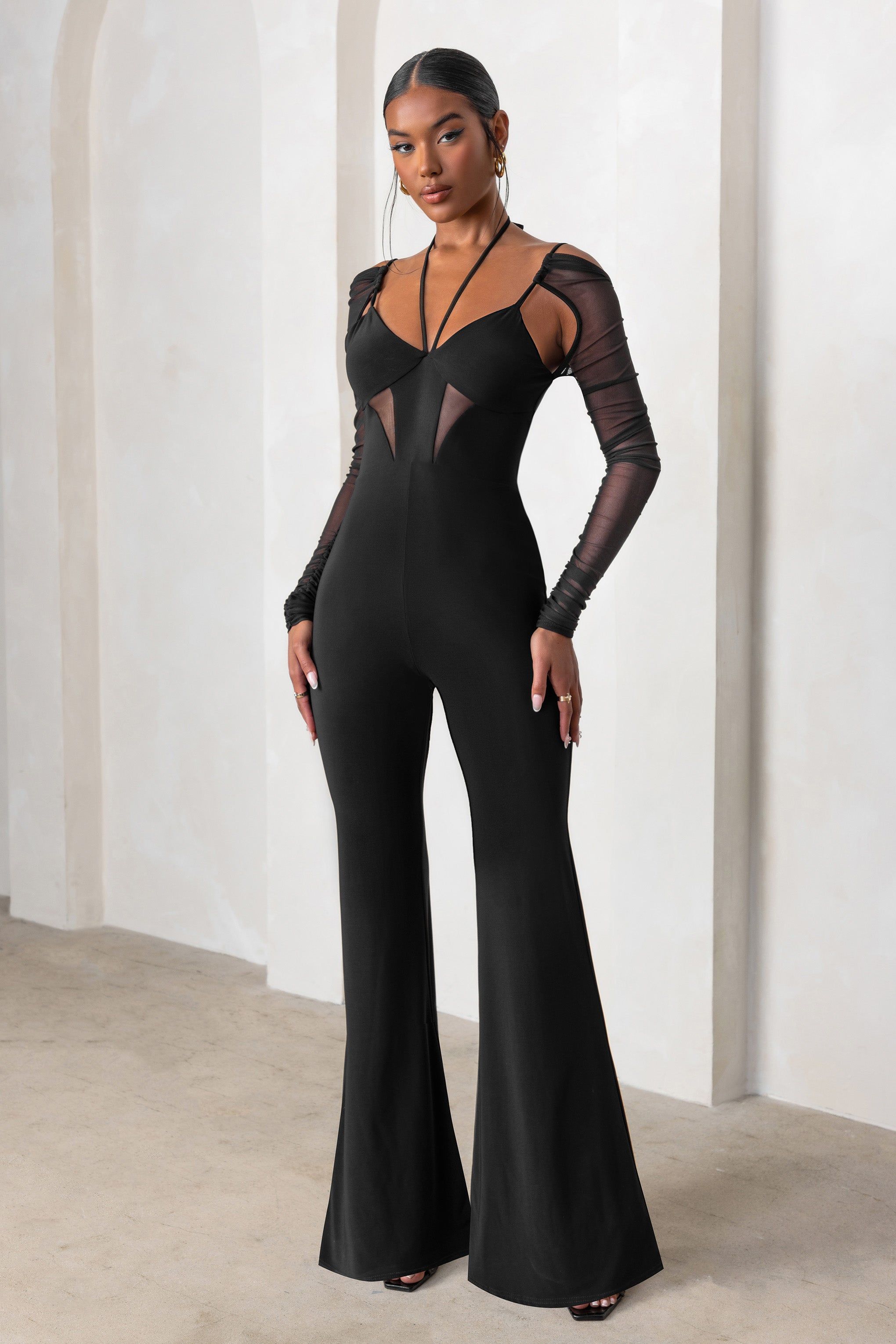Crazy Love | Black Plunge Neck Mesh Sleeves Wide Leg Jumpsuit sold by Club L London
