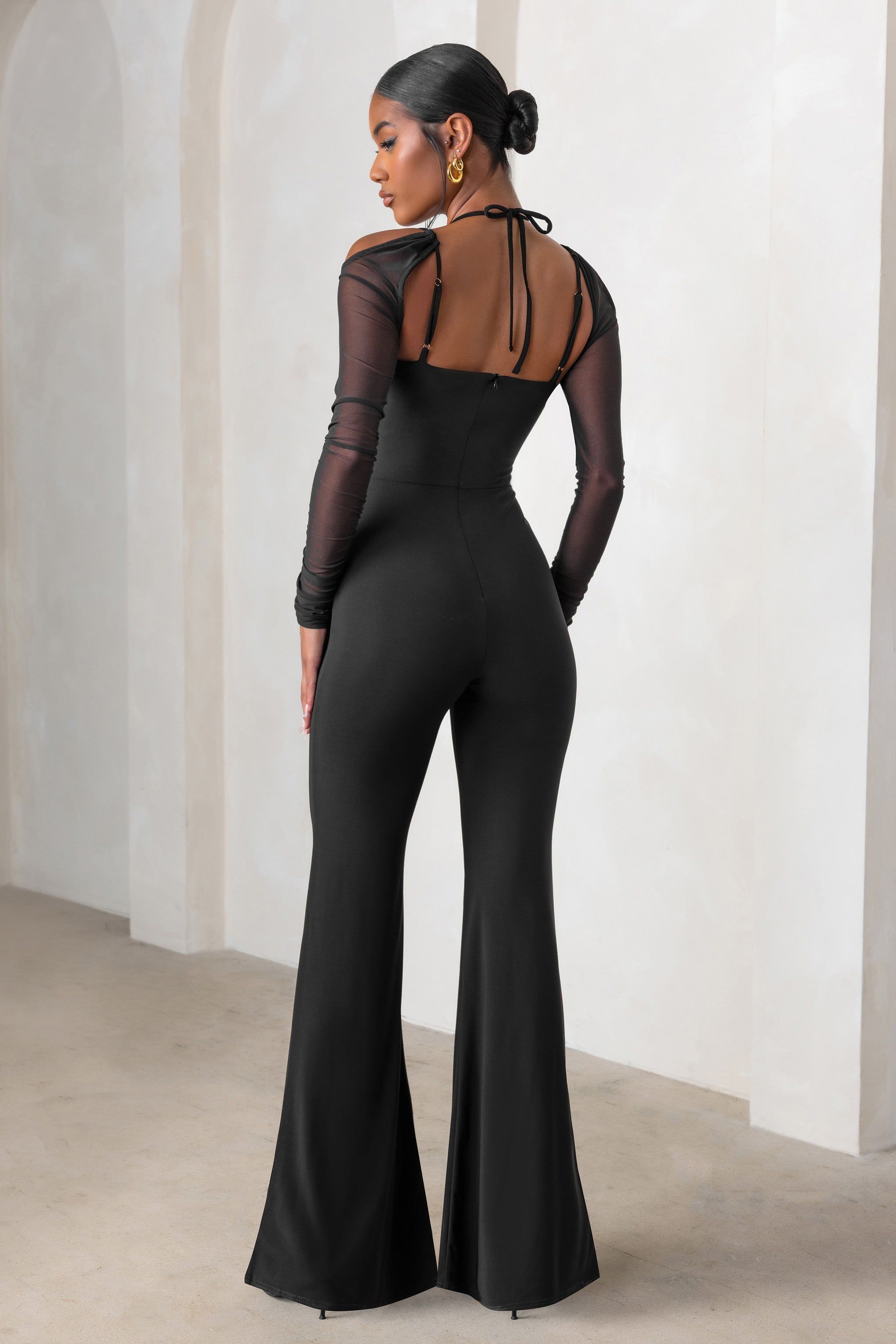 Crazy Love | Black Plunge Neck Mesh Sleeves Wide Leg Jumpsuit sold by Club L London product image thumbnail 2