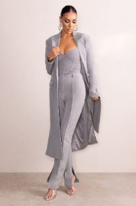 Wonder Woman | Slate Grey High Waist Straight Leg Trousers With Hem Split sold by Club L London
