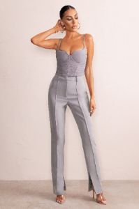 Wonder Woman | Slate Grey High Waist Straight Leg Trousers With Hem Split sold by Club L London