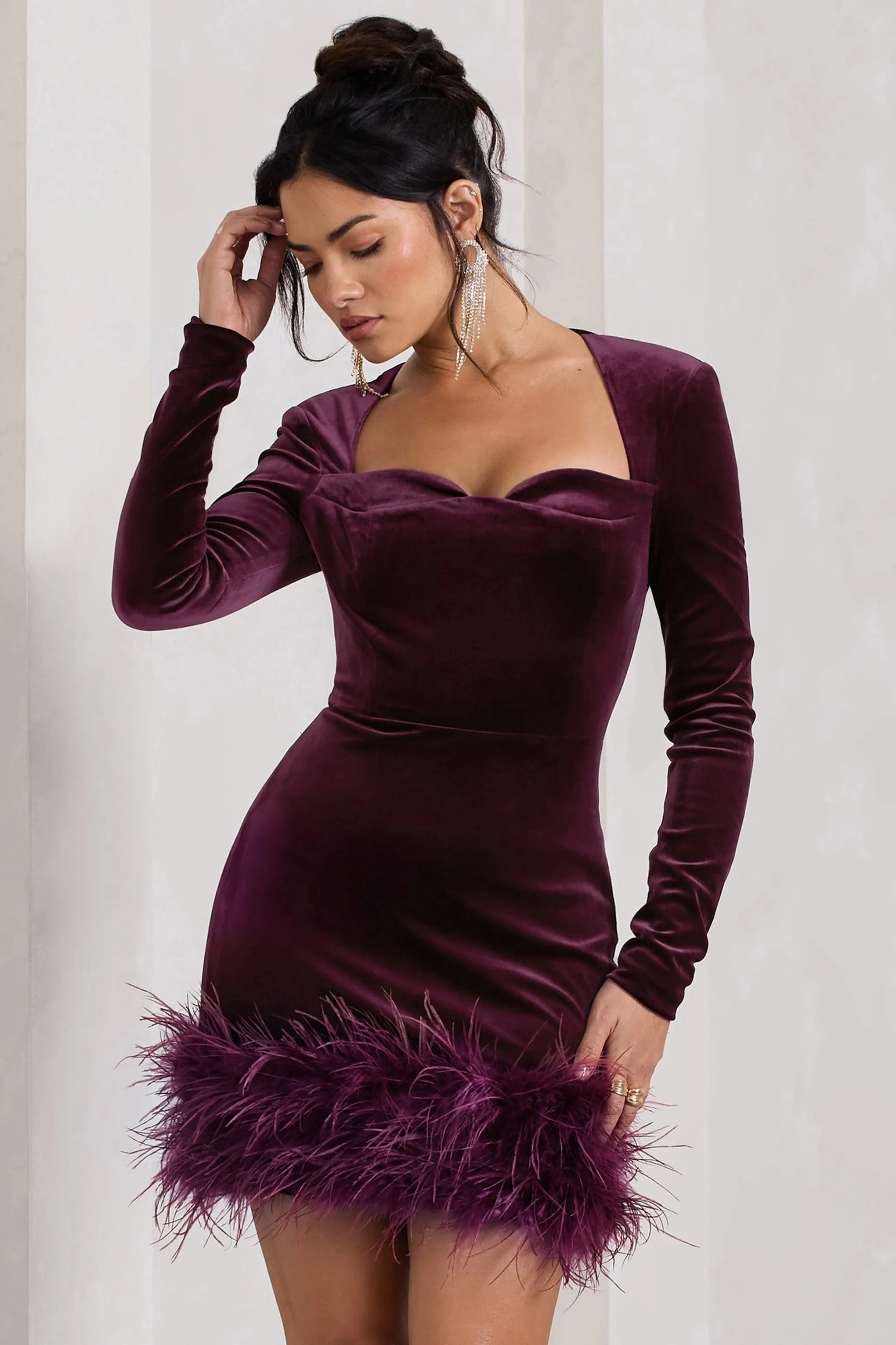 Tamsin | Port Velvet Long-Sleeved Feather Mini Dress sold by Club L London product image thumbnail 5