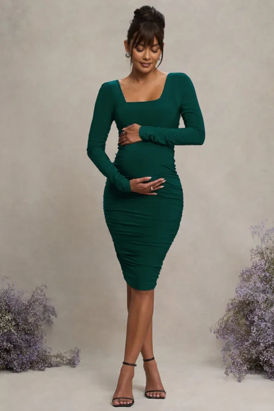 New Life | Bottle Green Maternity Square Neck Ruched Midi Dress sold by Club L London