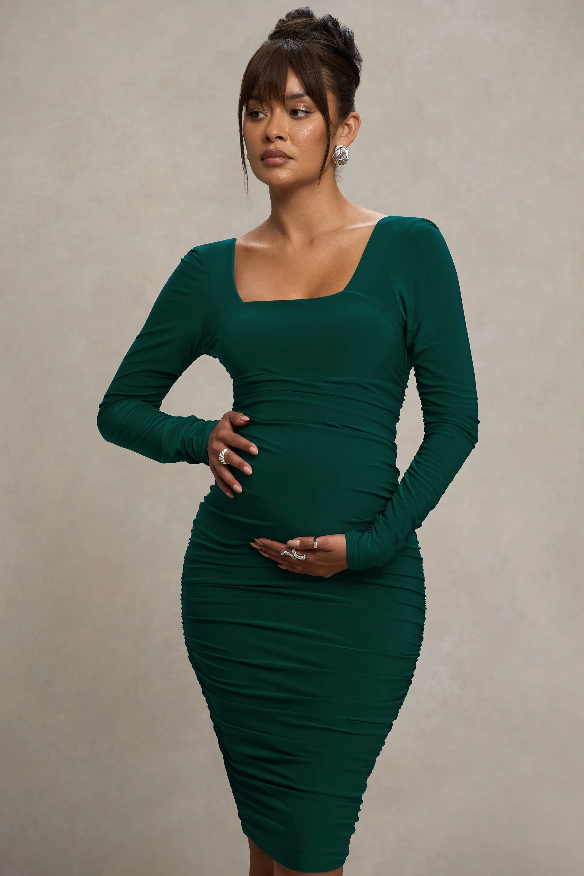 New Life | Bottle Green Maternity Square Neck Ruched Midi Dress sold by Club L London product image thumbnail 2