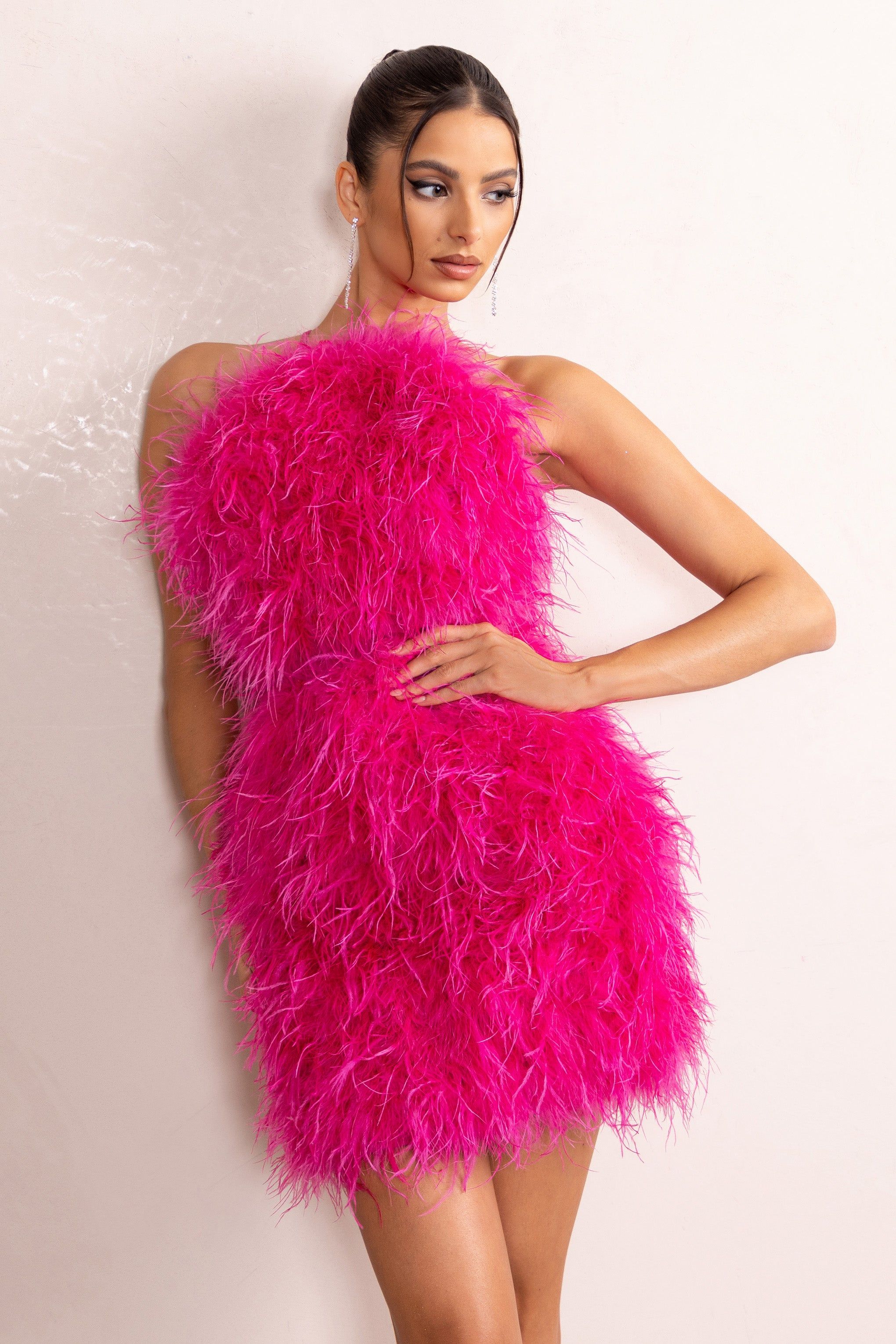Gina | Pink High Neck Feather Mini Dress With Cross Back sold by Club L London product image thumbnail 5