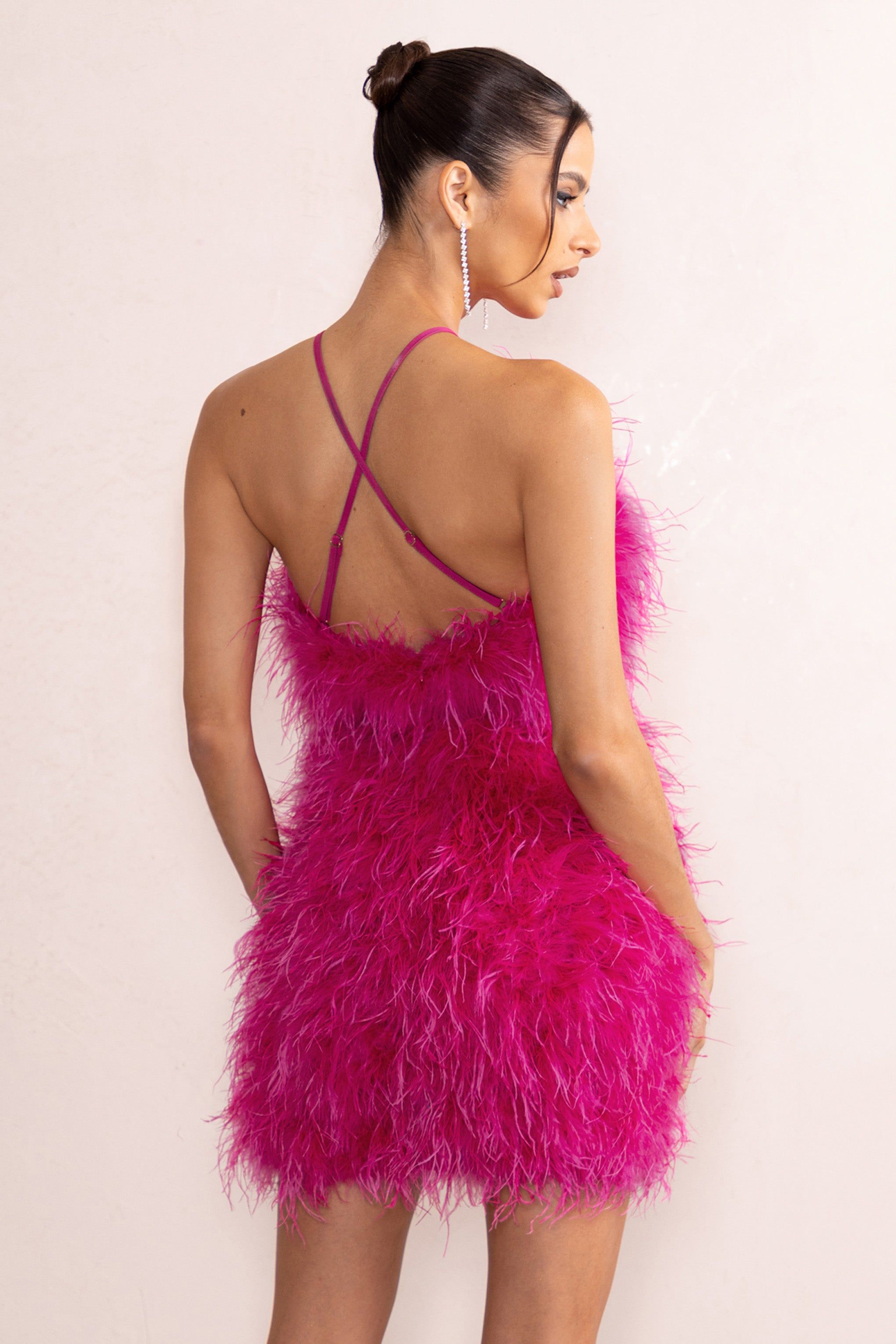 Gina | Pink High Neck Feather Mini Dress With Cross Back sold by Club L London product image thumbnail 2